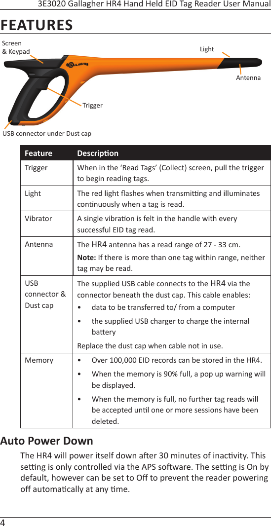 4 3E3020 Gallagher HR4 Hand Held EID Tag Reader User ManualFEATURESFeature Descrip onTrigger When in the ‘Read Tags’ (Collect) screen, pull the trigger to begin reading tags.Light The red light ﬂ ashes when transmi  ng and illuminates con nuously when a tag is read.Vibrator A single vibra on is felt in the handle with every successful EID tag read.Antenna The HR4 antenna has a read range of 27 - 33 cm. Note: If there is more than one tag within range, neither tag may be read.USB connector &amp; Dust capThe supplied USB cable connects to the HR4 via the connector beneath the dust cap. This cable enables:•  data to be transferred to/ from a computer•  the supplied USB charger to charge the internal ba eryReplace the dust cap when cable not in use.Memory •  Over 100,000 EID records can be stored in the HR4. •  When the memory is 90% full, a pop up warning will be displayed.  •  When the memory is full, no further tag reads will be accepted un l one or more sessions have been deleted. Auto Power Down The HR4 will power itself down a er 30 minutes of inac vity. This se  ng is only controlled via the APS so ware. The se  ng is On by default, however can be set to Oﬀ  to prevent the reader powering oﬀ  automa cally at any  me.Screen&amp; KeypadUSB connector under Dust capTriggerLightAntenna