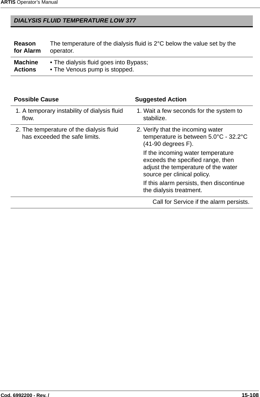 ARTIS Operator’s ManualCod. 6992200 - Rev. /                                                                                                                                                       15-108 DIALYSIS FLUID TEMPERATURE LOW 377Reason for Alarm The temperature of the dialysis fluid is 2°C below the value set by the operator.Machine Actions • The dialysis fluid goes into Bypass;• The Venous pump is stopped.Possible Cause Suggested Action 1. A temporary instability of dialysis fluid flow.  1. Wait a few seconds for the system to stabilize. 2. The temperature of the dialysis fluid has exceeded the safe limits.   2. Verify that the incoming water temperature is between 5.0°C - 32.2°C (41-90 degrees F).If the incoming water temperature exceeds the specified range, then adjust the temperature of the water source per clinical policy.If this alarm persists, then discontinue the dialysis treatment.Call for Service if the alarm persists.