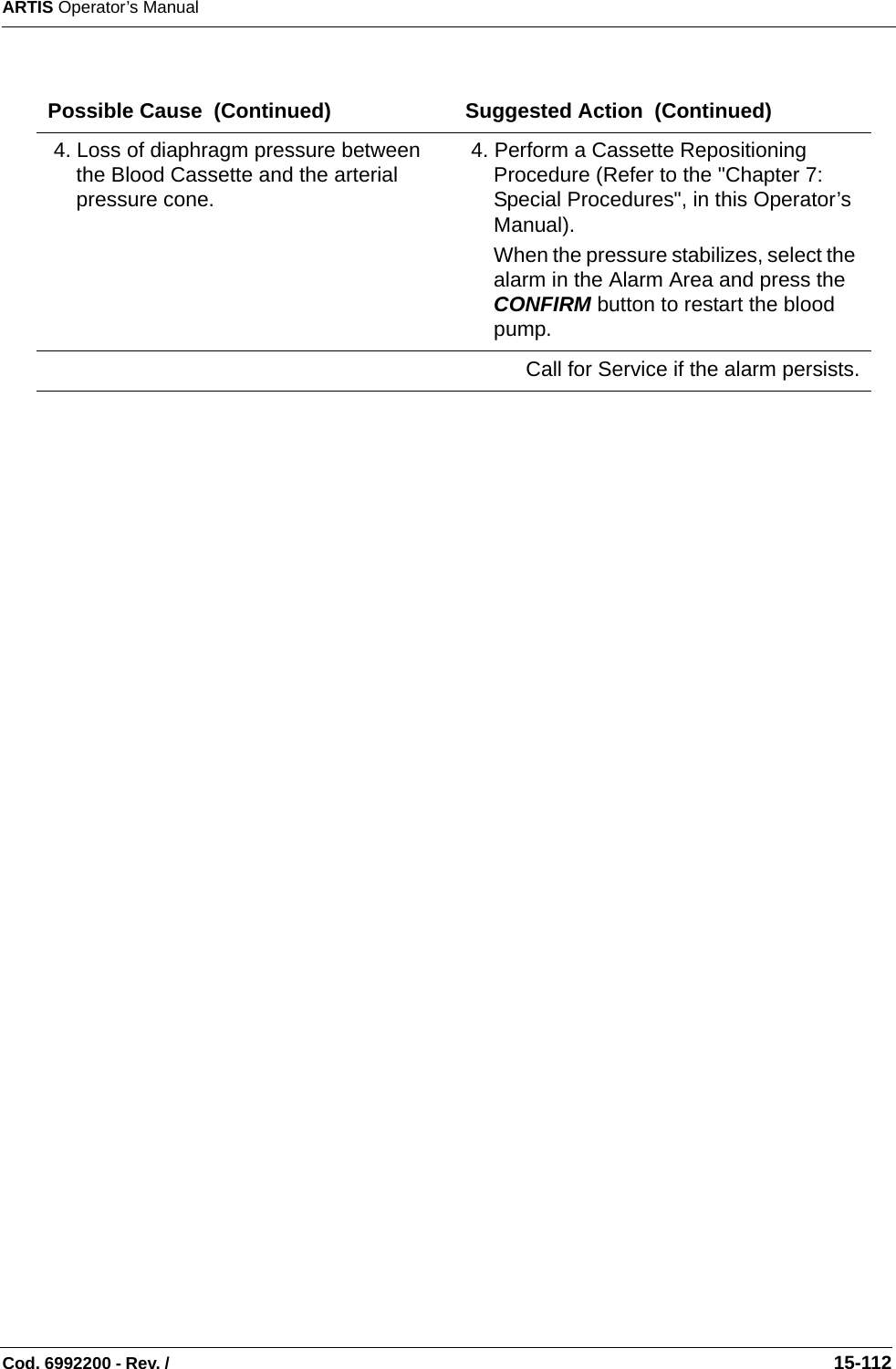 ARTIS Operator’s ManualCod. 6992200 - Rev. /                                                                                                                                                       15-112  4. Loss of diaphragm pressure between the Blood Cassette and the arterial pressure cone. 4. Perform a Cassette Repositioning Procedure (Refer to the &quot;Chapter 7: Special Procedures&quot;, in this Operator’s Manual). When the pressure stabilizes, select the alarm in the Alarm Area and press the CONFIRM button to restart the blood pump. Call for Service if the alarm persists.Possible Cause  (Continued) Suggested Action  (Continued)
