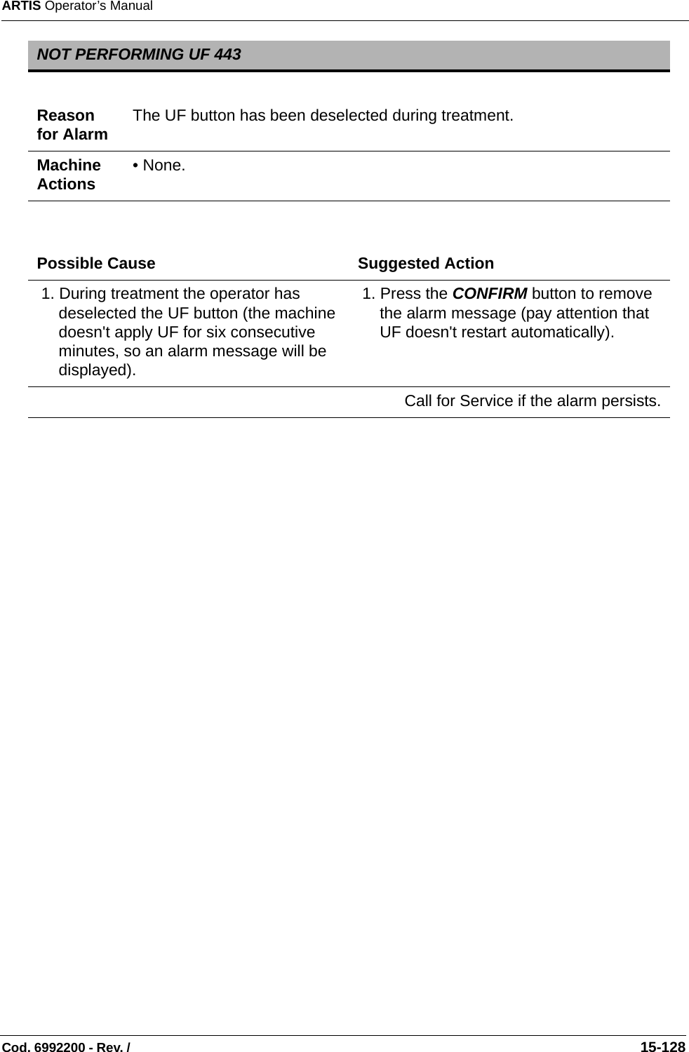 ARTIS Operator’s ManualCod. 6992200 - Rev. /                                                                                                                                                       15-128   NOT PERFORMING UF 443Reason for Alarm The UF button has been deselected during treatment.Machine Actions • None.Possible Cause Suggested Action 1. During treatment the operator has deselected the UF button (the machine doesn&apos;t apply UF for six consecutive minutes, so an alarm message will be displayed). 1. Press the CONFIRM button to remove the alarm message (pay attention that UF doesn&apos;t restart automatically).Call for Service if the alarm persists.