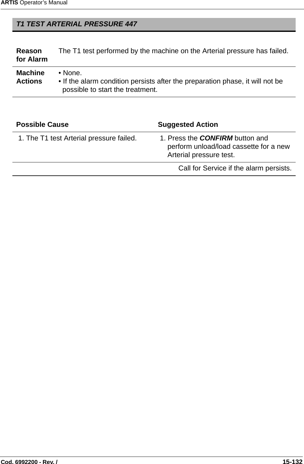 ARTIS Operator’s ManualCod. 6992200 - Rev. /                                                                                                                                                       15-132        T1 TEST ARTERIAL PRESSURE 447Reason for Alarm The T1 test performed by the machine on the Arterial pressure has failed.Machine Actions • None.• If the alarm condition persists after the preparation phase, it will not be possible to start the treatment.Possible Cause Suggested Action 1. The T1 test Arterial pressure failed.   1. Press the CONFIRM button and perform unload/load cassette for a new Arterial pressure test.Call for Service if the alarm persists.