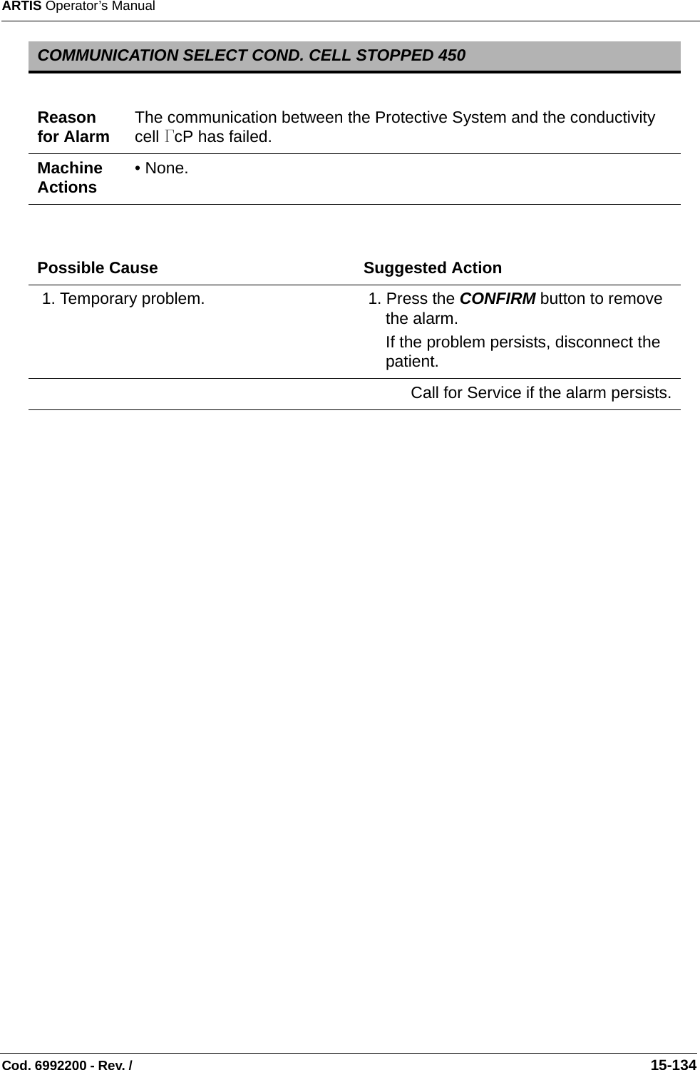 ARTIS Operator’s ManualCod. 6992200 - Rev. /                                                                                                                                                       15-134 COMMUNICATION SELECT COND. CELL STOPPED 450Reason for Alarm The communication between the Protective System and the conductivity cell GcP has failed. Machine Actions • None. Possible Cause Suggested Action 1. Temporary problem.  1. Press the CONFIRM button to remove the alarm.If the problem persists, disconnect the patient.Call for Service if the alarm persists.