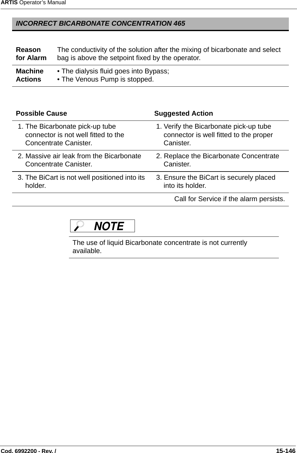 ARTIS Operator’s ManualCod. 6992200 - Rev. /                                                                                                                                                       15-146 INCORRECT BICARBONATE CONCENTRATION 465Reason for Alarm The conductivity of the solution after the mixing of bicarbonate and select bag is above the setpoint fixed by the operator.Machine Actions • The dialysis fluid goes into Bypass;• The Venous Pump is stopped.Possible Cause Suggested Action 1. The Bicarbonate pick-up tube connector is not well fitted to the Concentrate Canister. 1. Verify the Bicarbonate pick-up tube connector is well fitted to the proper Canister. 2. Massive air leak from the Bicarbonate Concentrate Canister.  2. Replace the Bicarbonate Concentrate Canister. 3. The BiCart is not well positioned into its holder.  3. Ensure the BiCart is securely placed into its holder.Call for Service if the alarm persists.The use of liquid Bicarbonate concentrate is not currently available.NOTE 