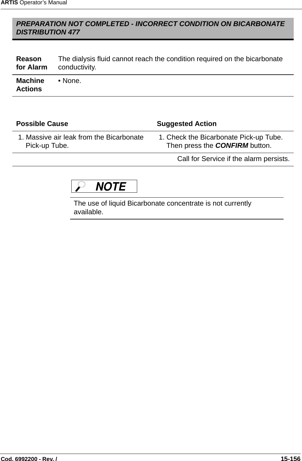 ARTIS Operator’s ManualCod. 6992200 - Rev. /                                                                                                                                                       15-156     PREPARATION NOT COMPLETED - INCORRECT CONDITION ON BICARBONATE DISTRIBUTION 477Reason for Alarm The dialysis fluid cannot reach the condition required on the bicarbonate conductivity.Machine Actions • None.Possible Cause Suggested Action 1. Massive air leak from the Bicarbonate Pick-up Tube.  1. Check the Bicarbonate Pick-up Tube. Then press the CONFIRM button. Call for Service if the alarm persists.The use of liquid Bicarbonate concentrate is not currently available.NOTE 