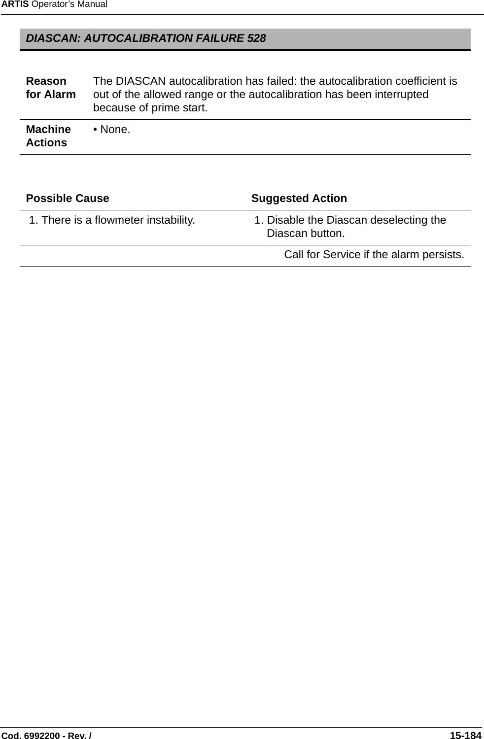 ARTIS Operator’s ManualCod. 6992200 - Rev. /                                                                                                                                                       15-184        DIASCAN: AUTOCALIBRATION FAILURE 528Reason for Alarm The DIASCAN autocalibration has failed: the autocalibration coefficient is out of the allowed range or the autocalibration has been interrupted because of prime start.Machine Actions • None.Possible Cause Suggested Action 1. There is a flowmeter instability.  1. Disable the Diascan deselecting the Diascan button. Call for Service if the alarm persists.
