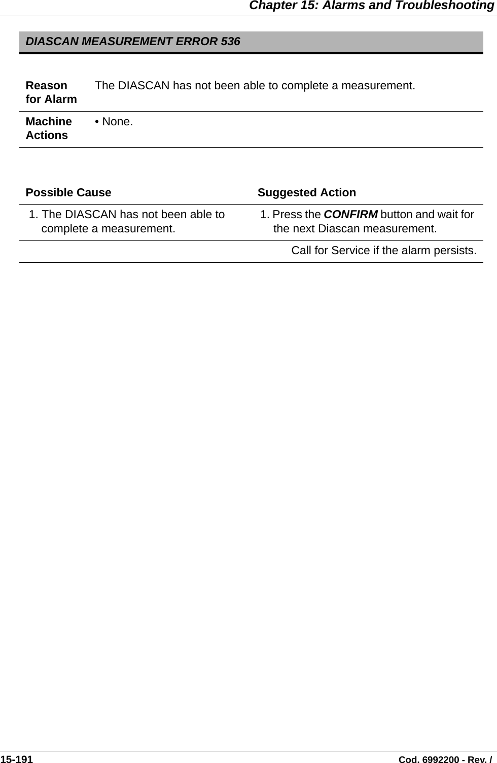  Chapter 15: Alarms and Troubleshooting15-191                                                                                                                                Cod. 6992200 - Rev. /  DIASCAN MEASUREMENT ERROR 536Reason for Alarm The DIASCAN has not been able to complete a measurement.Machine Actions • None.Possible Cause Suggested Action 1. The DIASCAN has not been able to complete a measurement.  1. Press the CONFIRM button and wait for the next Diascan measurement.Call for Service if the alarm persists.