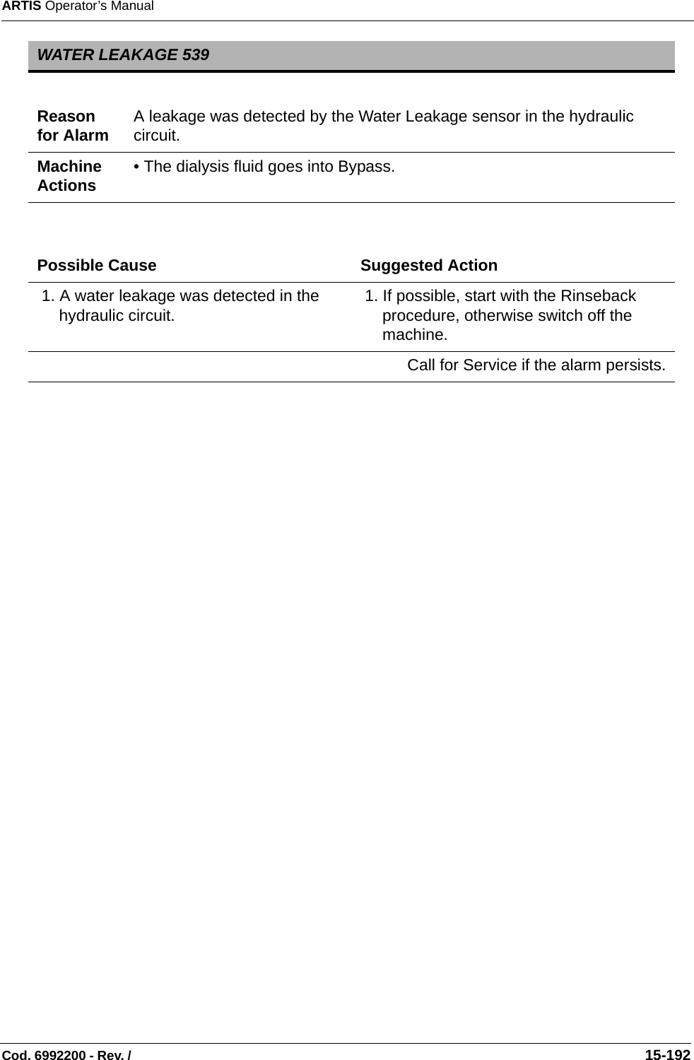ARTIS Operator’s ManualCod. 6992200 - Rev. /                                                                                                                                                       15-192  WATER LEAKAGE 539Reason for Alarm A leakage was detected by the Water Leakage sensor in the hydraulic circuit.Machine Actions • The dialysis fluid goes into Bypass.Possible Cause Suggested Action 1. A water leakage was detected in the hydraulic circuit.  1. If possible, start with the Rinseback procedure, otherwise switch off the machine.Call for Service if the alarm persists.
