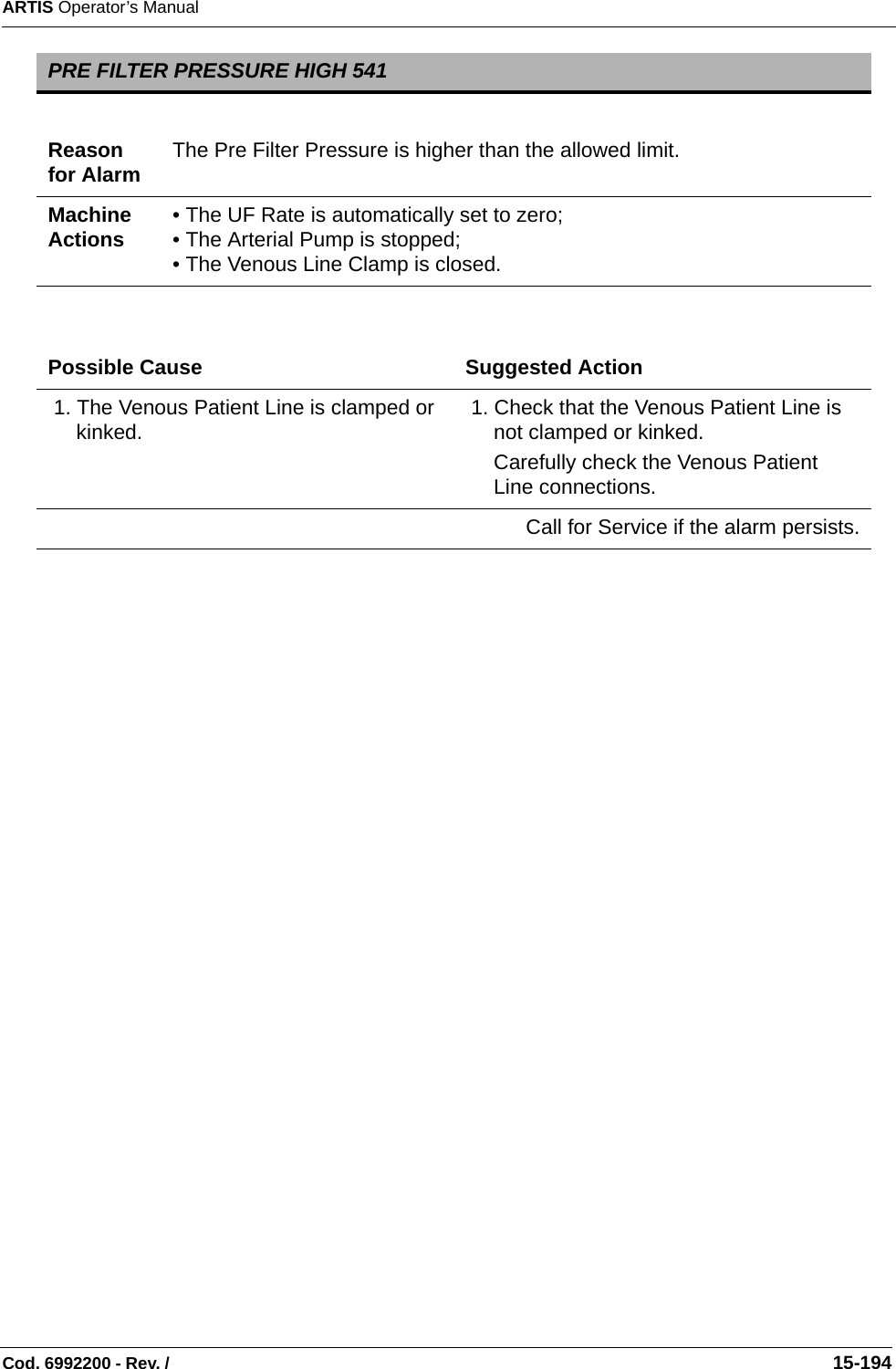 ARTIS Operator’s ManualCod. 6992200 - Rev. /                                                                                                                                                       15-194      PRE FILTER PRESSURE HIGH 541Reason for Alarm The Pre Filter Pressure is higher than the allowed limit.Machine Actions • The UF Rate is automatically set to zero;• The Arterial Pump is stopped;• The Venous Line Clamp is closed.Possible Cause Suggested Action 1. The Venous Patient Line is clamped or kinked.  1. Check that the Venous Patient Line is not clamped or kinked.Carefully check the Venous Patient Line connections.Call for Service if the alarm persists.