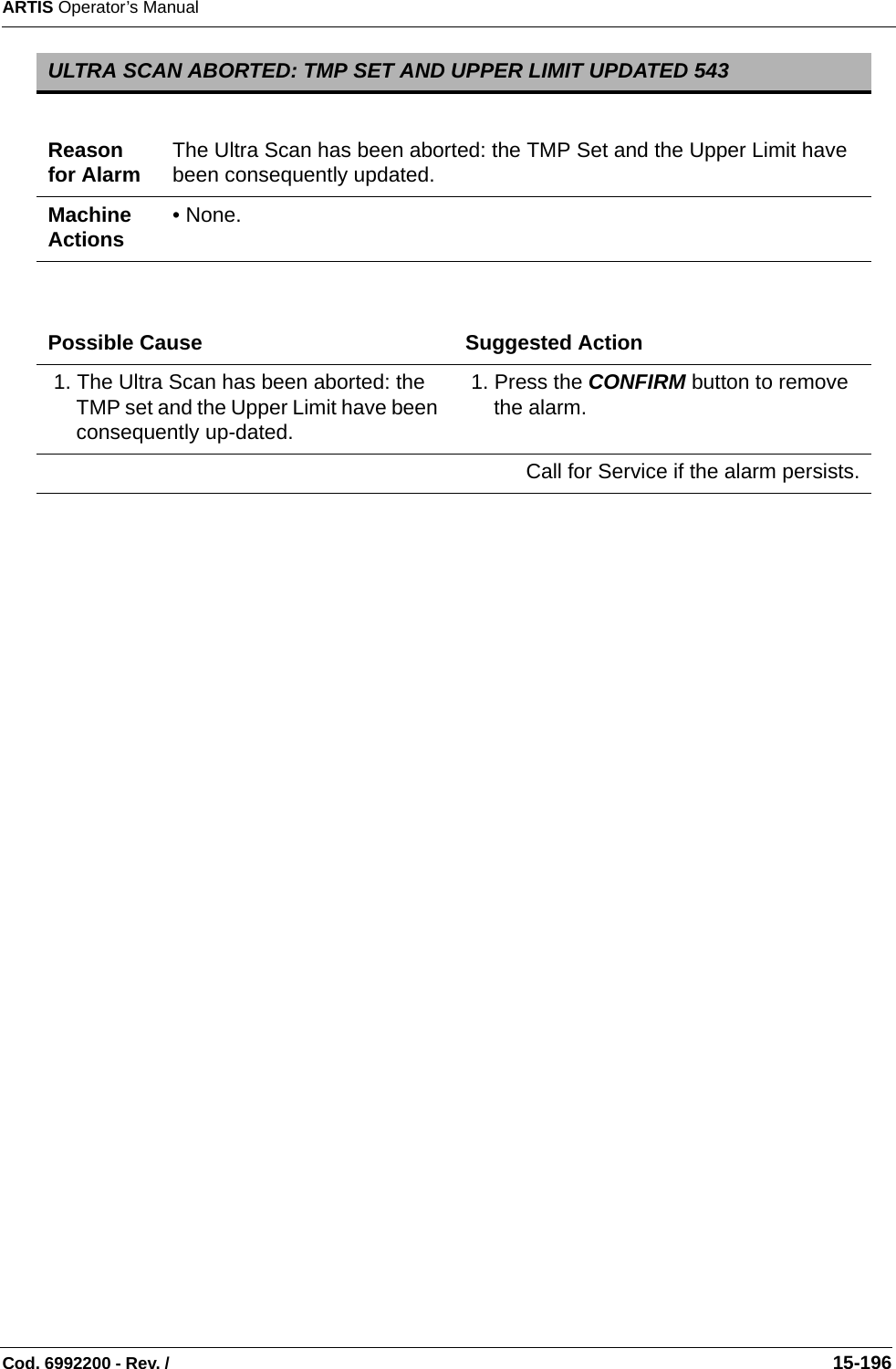 ARTIS Operator’s ManualCod. 6992200 - Rev. /                                                                                                                                                       15-196   ULTRA SCAN ABORTED: TMP SET AND UPPER LIMIT UPDATED 543Reason for Alarm The Ultra Scan has been aborted: the TMP Set and the Upper Limit have been consequently updated.Machine Actions • None.Possible Cause Suggested Action 1. The Ultra Scan has been aborted: the TMP set and the Upper Limit have been consequently up-dated. 1. Press the CONFIRM button to remove the alarm.Call for Service if the alarm persists.