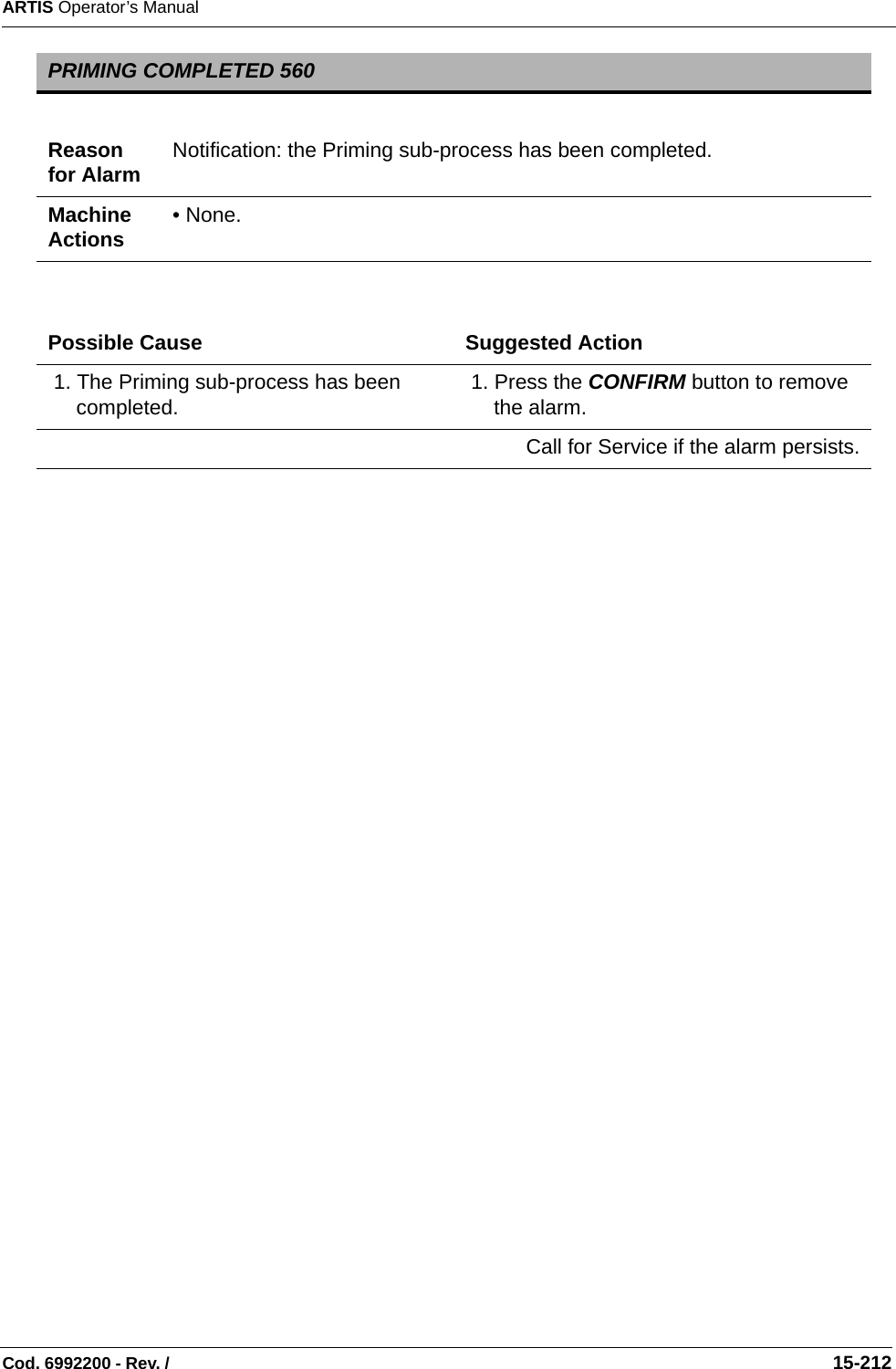 ARTIS Operator’s ManualCod. 6992200 - Rev. /                                                                                                                                                       15-212 PRIMING COMPLETED 560Reason for Alarm Notification: the Priming sub-process has been completed.Machine Actions • None.Possible Cause Suggested Action 1. The Priming sub-process has been completed.  1. Press the CONFIRM button to remove the alarm.Call for Service if the alarm persists.