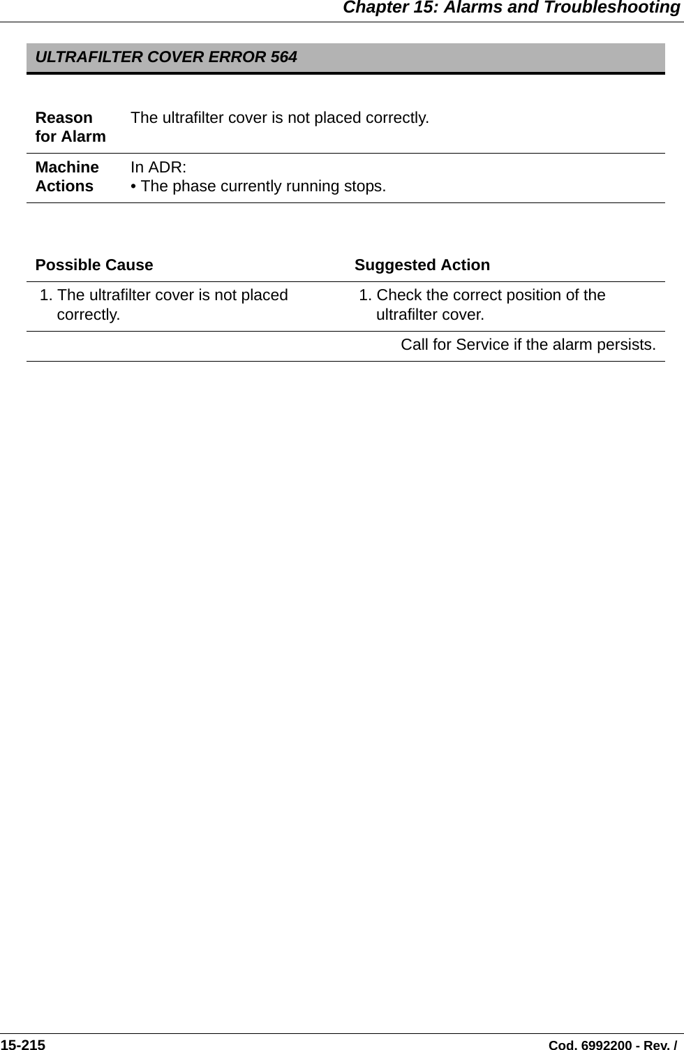  Chapter 15: Alarms and Troubleshooting15-215                                                                                                                                Cod. 6992200 - Rev. /    ULTRAFILTER COVER ERROR 564Reason for Alarm The ultrafilter cover is not placed correctly.Machine Actions In ADR: • The phase currently running stops.Possible Cause Suggested Action 1. The ultrafilter cover is not placed correctly.   1. Check the correct position of the ultrafilter cover.Call for Service if the alarm persists.