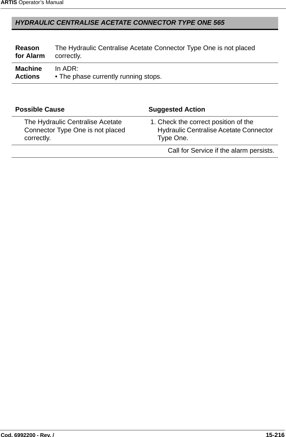 ARTIS Operator’s ManualCod. 6992200 - Rev. /                                                                                                                                                       15-216   HYDRAULIC CENTRALISE ACETATE CONNECTOR TYPE ONE 565Reason for Alarm The Hydraulic Centralise Acetate Connector Type One is not placed correctly.Machine Actions In ADR: • The phase currently running stops.Possible Cause Suggested ActionThe Hydraulic Centralise Acetate Connector Type One is not placed correctly. 1. Check the correct position of the Hydraulic Centralise Acetate Connector Type One.Call for Service if the alarm persists.