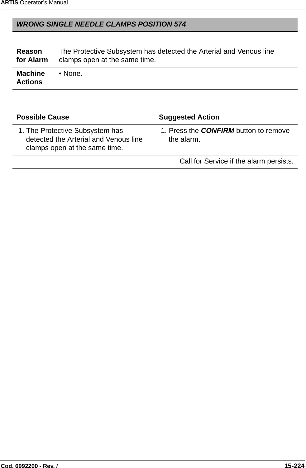 ARTIS Operator’s ManualCod. 6992200 - Rev. /                                                                                                                                                       15-224   WRONG SINGLE NEEDLE CLAMPS POSITION 574Reason for Alarm The Protective Subsystem has detected the Arterial and Venous line clamps open at the same time.Machine Actions • None.Possible Cause Suggested Action 1. The Protective Subsystem has detected the Arterial and Venous line clamps open at the same time. 1. Press the CONFIRM button to remove the alarm.Call for Service if the alarm persists.