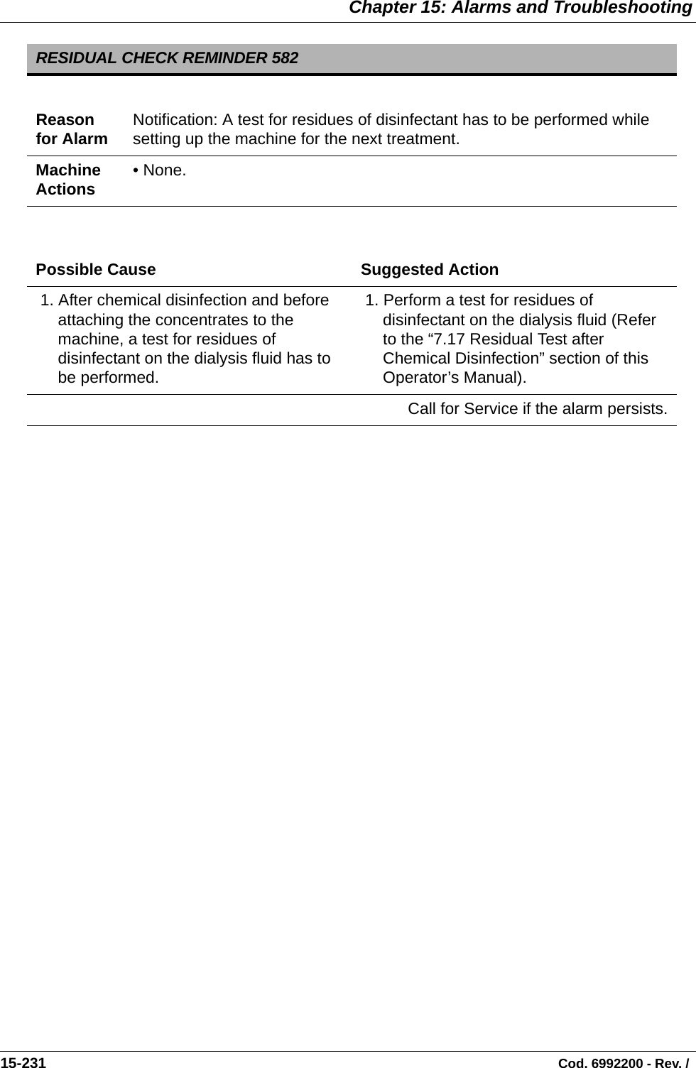  Chapter 15: Alarms and Troubleshooting15-231                                                                                                                                Cod. 6992200 - Rev. /    RESIDUAL CHECK REMINDER 582Reason for Alarm Notification: A test for residues of disinfectant has to be performed while setting up the machine for the next treatment.Machine Actions • None.Possible Cause Suggested Action 1. After chemical disinfection and before attaching the concentrates to the machine, a test for residues of disinfectant on the dialysis fluid has to be performed. 1. Perform a test for residues of disinfectant on the dialysis fluid (Refer to the “7.17 Residual Test after Chemical Disinfection” section of this Operator’s Manual).Call for Service if the alarm persists.