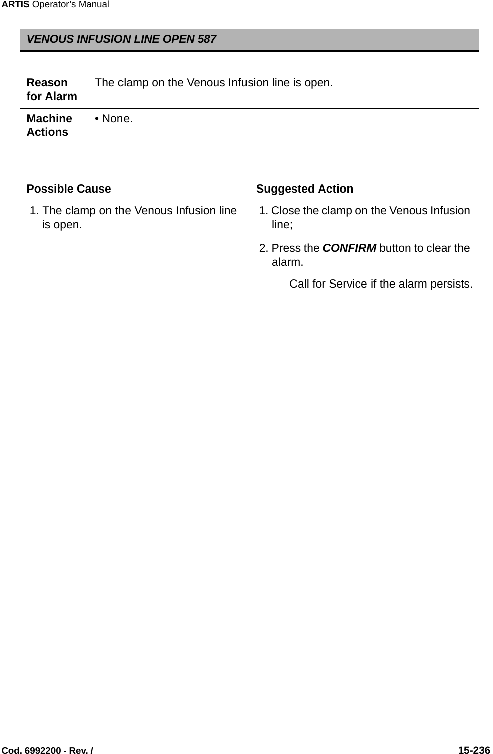 ARTIS Operator’s ManualCod. 6992200 - Rev. /                                                                                                                                                       15-236   VENOUS INFUSION LINE OPEN 587Reason for Alarm The clamp on the Venous Infusion line is open.Machine Actions • None.Possible Cause Suggested Action 1. The clamp on the Venous Infusion line is open.  1. Close the clamp on the Venous Infusion line; 2. Press the CONFIRM button to clear the alarm.Call for Service if the alarm persists.