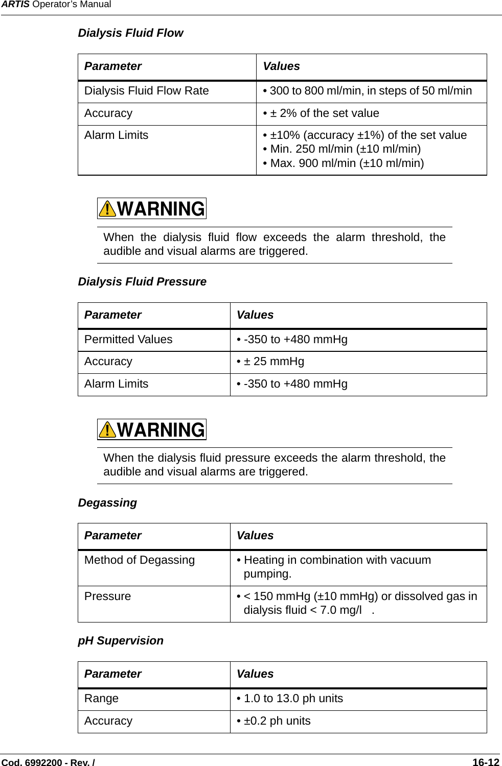 ARTIS Operator’s ManualCod. 6992200 - Rev. /                                                                                                                                                       16-12Dialysis Fluid Flow    Dialysis Fluid Pressure       Degassing    pH Supervision   Parameter ValuesDialysis Fluid Flow Rate • 300 to 800 ml/min, in steps of 50 ml/min   Accuracy • ± 2% of the set value Alarm Limits • ±10% (accuracy ±1%) of the set value • Min. 250 ml/min (±10 ml/min) • Max. 900 ml/min (±10 ml/min) When the dialysis fluid flow exceeds the alarm threshold, theaudible and visual alarms are triggered. Parameter ValuesPermitted Values • -350 to +480 mmHgAccuracy • ± 25 mmHg Alarm Limits • -350 to +480 mmHg When the dialysis fluid pressure exceeds the alarm threshold, theaudible and visual alarms are triggered. Parameter ValuesMethod of Degassing  • Heating in combination with vacuum pumping. Pressure  • &lt; 150 mmHg (±10 mmHg) or dissolved gas in dialysis fluid &lt; 7.0 mg/l   . Parameter ValuesRange • 1.0 to 13.0 ph units Accuracy • ±0.2 ph units WARNING!WARNING!