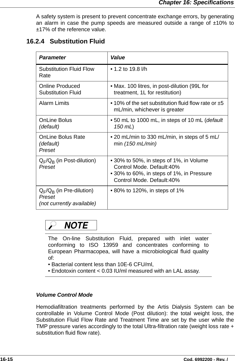  Chapter 16: Specifications16-15                                                                                                                           Cod. 6992200 - Rev. /A safety system is present to prevent concentrate exchange errors, by generatingan alarm in case the pump speeds are measured outside a range of ±10% to±17% of the reference value.  16.2.4   Substitution Fluid    Volume Control ModeHemodiafiltration treatments performed by the Artis Dialysis System can becontrollable in Volume Control Mode (Post dilution): the total weight loss, theSubstitution Fluid Flow Rate and Treatment Time are set by the user while theTMP pressure varies accordingly to the total Ultra-filtration rate (weight loss rate +substitution fluid flow rate).Parameter ValueSubstitution Fluid Flow Rate • 1.2 to 19.8 l/h   Online Produced Substitution Fluid • Max. 100 litres, in post-dilution (99L for treatment, 1L for restitution)  Alarm Limits • 10% of the set substitution fluid flow rate or ±5 mL/min, whichever is greater OnLine Bolus(default) • 50 mL to 1000 mL, in steps of 10 mL (default 150 mL)OnLine Bolus Rate (default)Preset• 20 mL/min to 330 mL/min, in steps of 5 mL/min (150 mL/min) QF/QB (in Post-dilution)Preset • 30% to 50%, in steps of 1%, in Volume Control Mode. Default:40% • 30% to 60%, in steps of 1%, in Pressure Control Mode. Default:40%QF/QB (in Pre-dilution)Preset(not currently available)• 80% to 120%, in steps of 1%The On-line Substitution Fluid, prepared with inlet waterconforming to ISO 13959 and concentrates conforming toEuropean Pharmacopea, will have a microbiological fluid qualityof:• Bacterial content less than 10E-6 CFU/ml,• Endotoxin content &lt; 0.03 IU/ml measured with an LAL assay. NOTE 