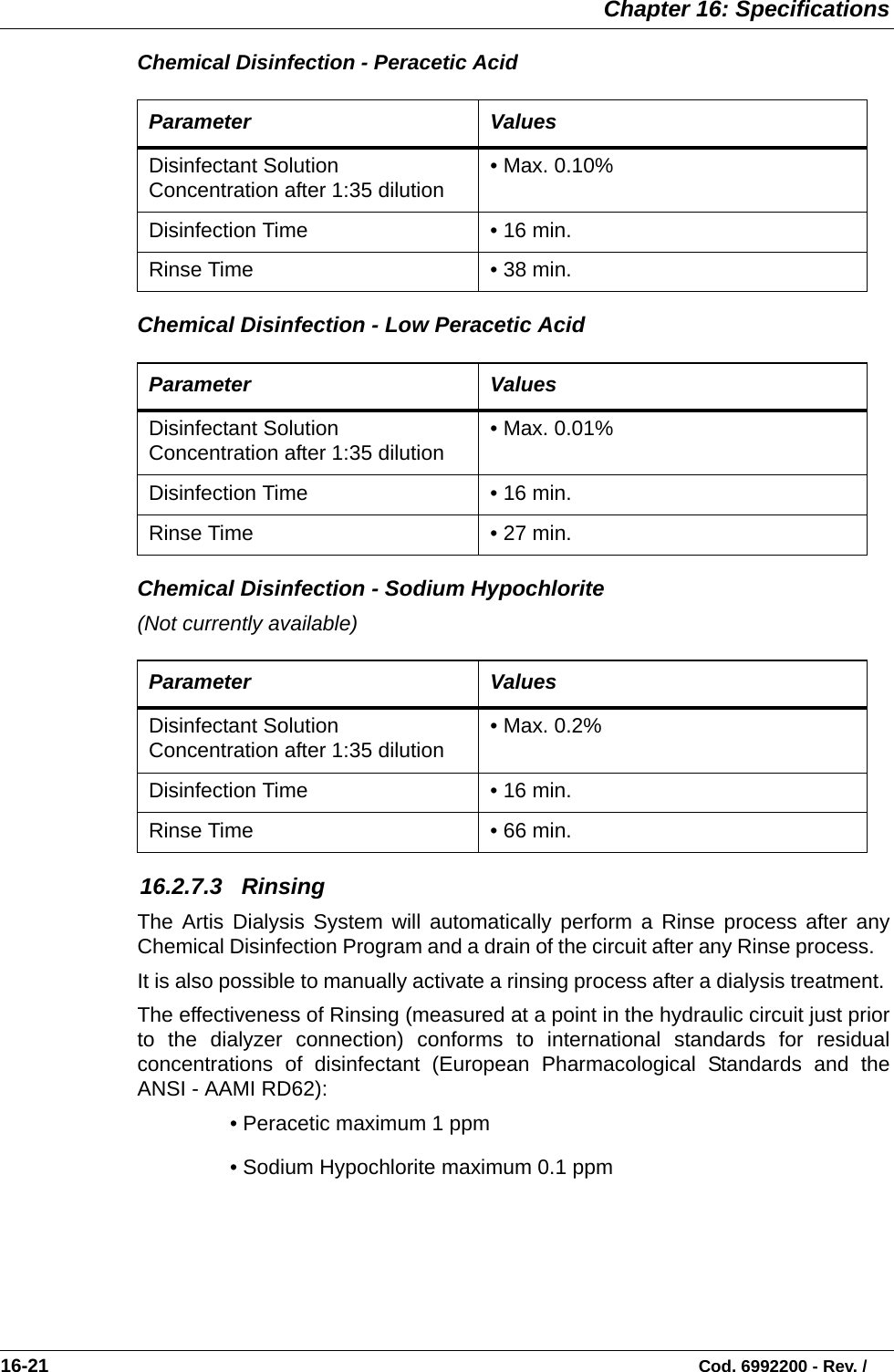  Chapter 16: Specifications16-21                                                                                                                           Cod. 6992200 - Rev. /Chemical Disinfection - Peracetic Acid    Chemical Disinfection - Low Peracetic Acid  Chemical Disinfection - Sodium Hypochlorite(Not currently available) 16.2.7.3   RinsingThe Artis Dialysis System will automatically perform a Rinse process after anyChemical Disinfection Program and a drain of the circuit after any Rinse process.   It is also possible to manually activate a rinsing process after a dialysis treatment. The effectiveness of Rinsing (measured at a point in the hydraulic circuit just priorto the dialyzer connection) conforms to international standards for residualconcentrations of disinfectant (European Pharmacological Standards and theANSI - AAMI RD62):   • Peracetic maximum 1 ppm • Sodium Hypochlorite maximum 0.1 ppmParameter ValuesDisinfectant Solution Concentration after 1:35 dilution  • Max. 0.10%   Disinfection Time • 16 min.Rinse Time • 38 min.Parameter ValuesDisinfectant Solution Concentration after 1:35 dilution  • Max. 0.01%Disinfection Time • 16 min.Rinse Time • 27 min.Parameter ValuesDisinfectant Solution Concentration after 1:35 dilution • Max. 0.2% Disinfection Time • 16 min.Rinse Time • 66 min.