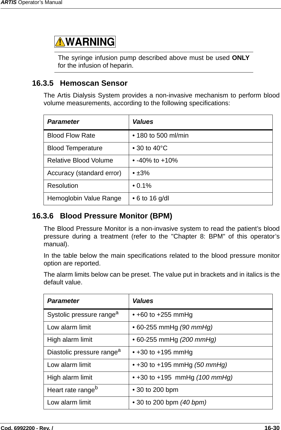 ARTIS Operator’s ManualCod. 6992200 - Rev. /                                                                                                                                                       16-30   16.3.5   Hemoscan Sensor The Artis Dialysis System provides a non-invasive mechanism to perform bloodvolume measurements, according to the following specifications:   16.3.6   Blood Pressure Monitor (BPM)The Blood Pressure Monitor is a non-invasive system to read the patient’s bloodpressure during a treatment (refer to the &quot;Chapter 8: BPM&quot; of this operator’smanual).In the table below the main specifications related to the blood pressure monitoroption are reported.The alarm limits below can be preset. The value put in brackets and in italics is thedefault value.   The syringe infusion pump described above must be used ONLYfor the infusion of heparin. Parameter ValuesBlood Flow Rate • 180 to 500 ml/min  Blood Temperature • 30 to 40°C  Relative Blood Volume • -40% to +10%  Accuracy (standard error) • ±3%Resolution • 0.1% Hemoglobin Value Range • 6 to 16 g/dl  Parameter ValuesSystolic pressure rangea• +60 to +255 mmHg Low alarm limit • 60-255 mmHg (90 mmHg) High alarm limit • 60-255 mmHg (200 mmHg) Diastolic pressure rangea• +30 to +195 mmHg Low alarm limit • +30 to +195 mmHg (50 mmHg) High alarm limit • +30 to +195  mmHg (100 mmHg) Heart rate rangeb• 30 to 200 bpm Low alarm limit • 30 to 200 bpm (40 bpm) WARNING!