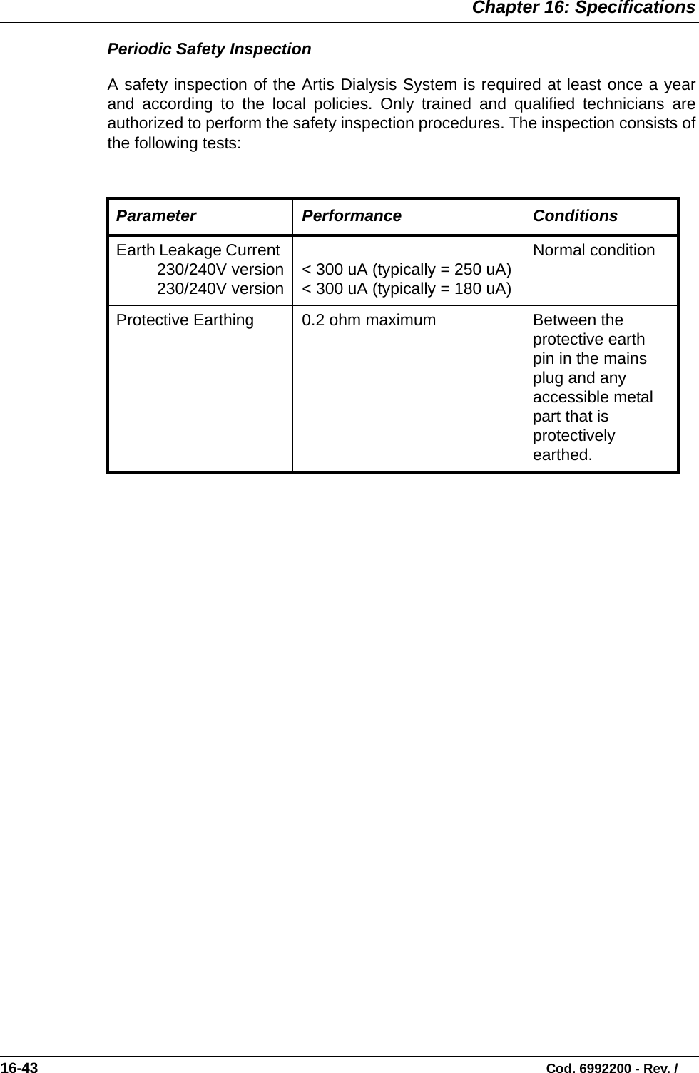  Chapter 16: Specifications16-43                                                                                                                           Cod. 6992200 - Rev. /Periodic Safety InspectionA safety inspection of the Artis Dialysis System is required at least once a yearand according to the local policies. Only trained and qualified technicians areauthorized to perform the safety inspection procedures. The inspection consists ofthe following tests: Parameter Performance ConditionsEarth Leakage Current 230/240V version230/240V version &lt; 300 uA (typically = 250 uA)&lt; 300 uA (typically = 180 uA)Normal conditionProtective Earthing 0.2 ohm maximum Between the protective earth pin in the mains plug and any accessible metal part that is protectively earthed.