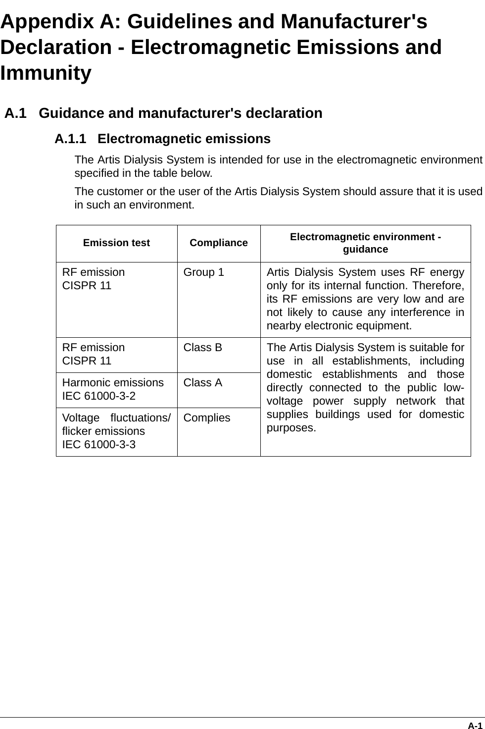  A-1Appendix A: Guidelines and Manufacturer&apos;s Declaration - Electromagnetic Emissions and Immunity A.1   Guidance and manufacturer&apos;s declaration A.1.1   Electromagnetic emissions The Artis Dialysis System is intended for use in the electromagnetic environmentspecified in the table below.The customer or the user of the Artis Dialysis System should assure that it is usedin such an environment.     Emission test Compliance Electromagnetic environment - guidanceRF emissionCISPR 11  Group 1 Artis Dialysis System uses RF energyonly for its internal function. Therefore,its RF emissions are very low and arenot likely to cause any interference innearby electronic equipment.RF emissionCISPR 11  Class B The Artis Dialysis System is suitable foruse in all establishments, includingdomestic establishments and thosedirectly connected to the public low-voltage power supply network thatsupplies buildings used for domesticpurposes.Harmonic emissionsIEC 61000-3-2 Class AVoltage fluctuations/flicker emissions IEC 61000-3-3Complies