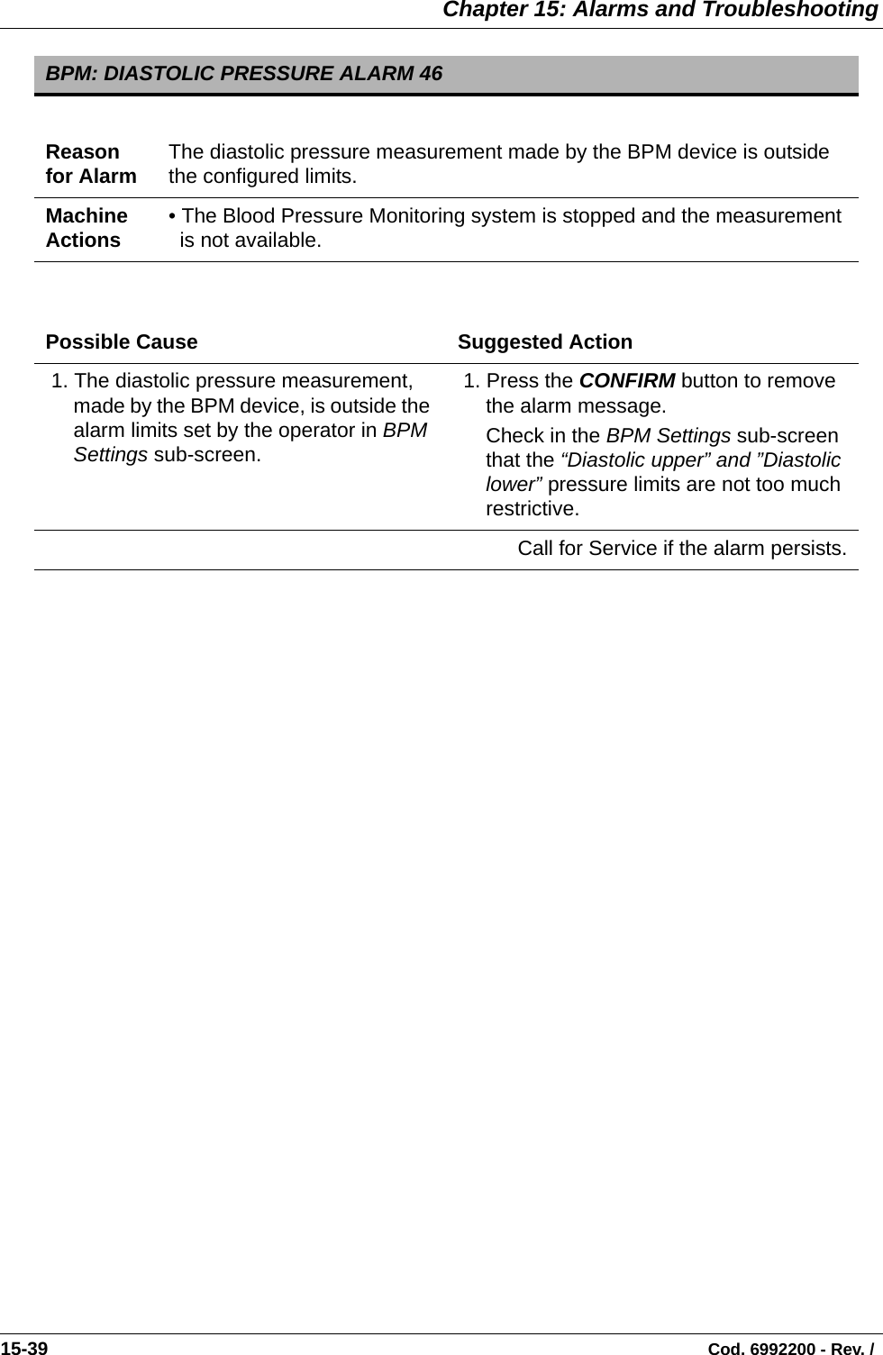  Chapter 15: Alarms and Troubleshooting15-39                                                                                                                                Cod. 6992200 - Rev. /    BPM: DIASTOLIC PRESSURE ALARM 46Reason for Alarm The diastolic pressure measurement made by the BPM device is outside the configured limits.Machine Actions • The Blood Pressure Monitoring system is stopped and the measurement is not available.Possible Cause Suggested Action 1. The diastolic pressure measurement, made by the BPM device, is outside the alarm limits set by the operator in BPM Settings sub-screen. 1. Press the CONFIRM button to remove the alarm message.Check in the BPM Settings sub-screen that the “Diastolic upper” and ”Diastolic lower” pressure limits are not too much restrictive.Call for Service if the alarm persists.