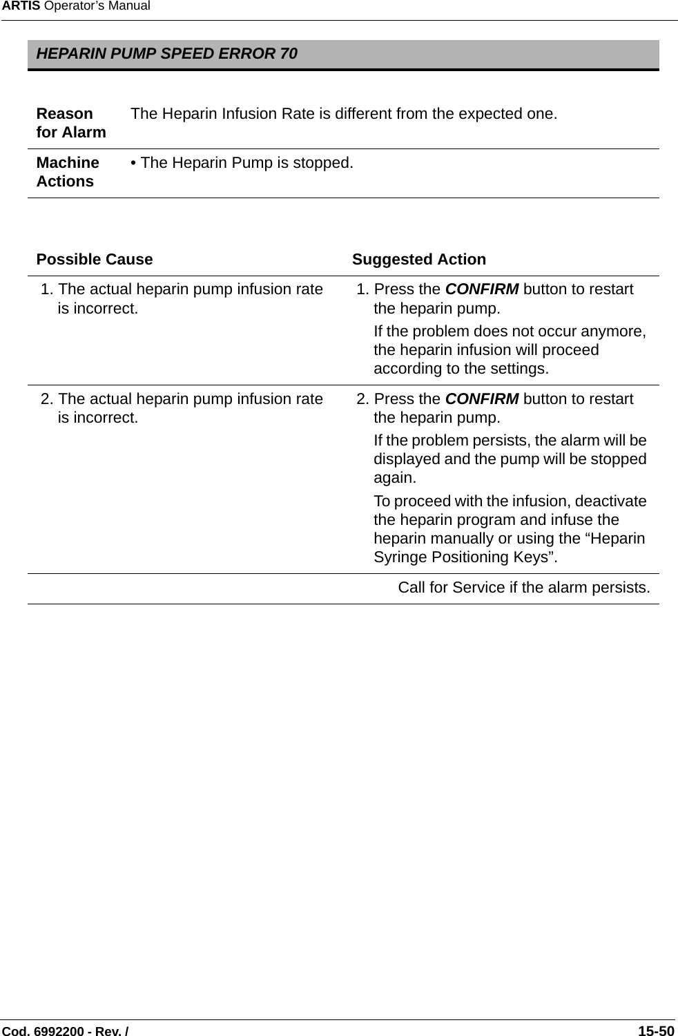 ARTIS Operator’s ManualCod. 6992200 - Rev. /                                                                                                                                                       15-50   HEPARIN PUMP SPEED ERROR 70Reason for Alarm The Heparin Infusion Rate is different from the expected one. Machine Actions • The Heparin Pump is stopped.Possible Cause Suggested Action 1. The actual heparin pump infusion rate is incorrect.  1. Press the CONFIRM button to restart the heparin pump. If the problem does not occur anymore, the heparin infusion will proceed according to the settings.  2. The actual heparin pump infusion rate is incorrect.   2. Press the CONFIRM button to restart the heparin pump. If the problem persists, the alarm will be displayed and the pump will be stopped again.To proceed with the infusion, deactivate the heparin program and infuse the heparin manually or using the “Heparin Syringe Positioning Keys”. Call for Service if the alarm persists.