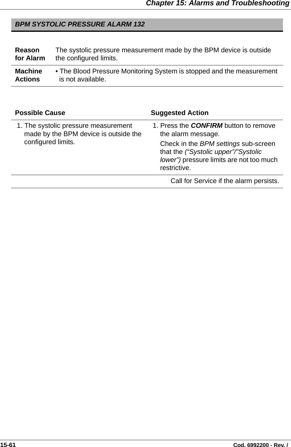  Chapter 15: Alarms and Troubleshooting15-61                                                                                                                                Cod. 6992200 - Rev. /  BPM SYSTOLIC PRESSURE ALARM 132Reason for Alarm The systolic pressure measurement made by the BPM device is outside the configured limits.Machine Actions • The Blood Pressure Monitoring System is stopped and the measurement is not available.Possible Cause Suggested Action 1. The systolic pressure measurement made by the BPM device is outside the configured limits. 1. Press the CONFIRM button to remove the alarm message.Check in the BPM settings sub-screen that the (“Systolic upper”/”Systolic lower”) pressure limits are not too much restrictive.Call for Service if the alarm persists.