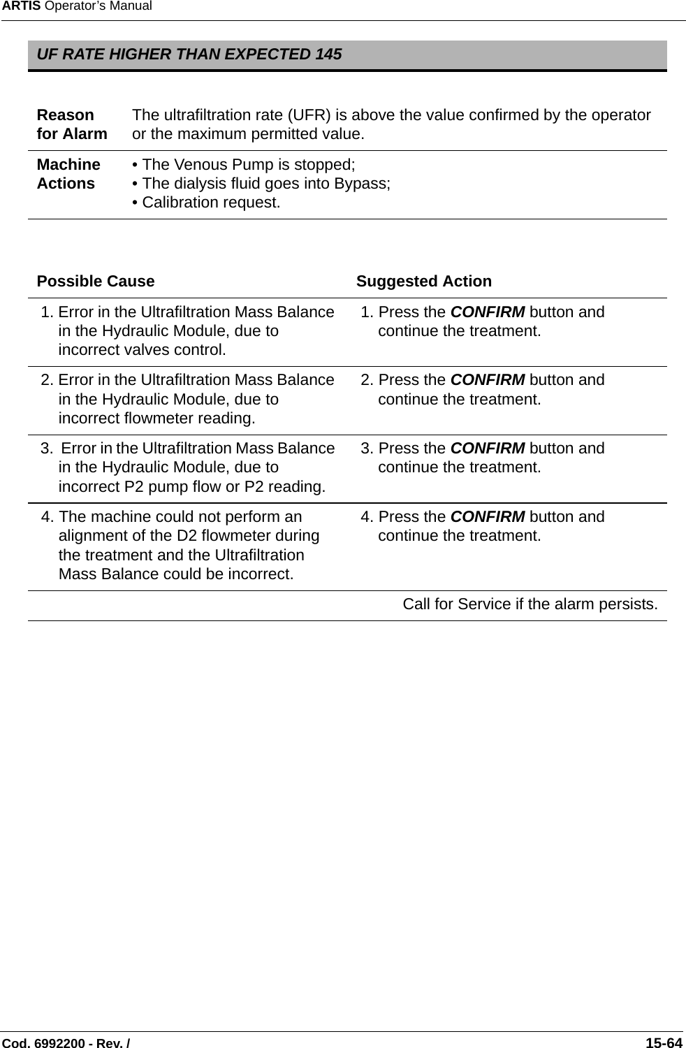ARTIS Operator’s ManualCod. 6992200 - Rev. /                                                                                                                                                       15-64   UF RATE HIGHER THAN EXPECTED 145Reason for Alarm The ultrafiltration rate (UFR) is above the value confirmed by the operator or the maximum permitted value.Machine Actions • The Venous Pump is stopped;• The dialysis fluid goes into Bypass;• Calibration request.Possible Cause Suggested Action 1. Error in the Ultrafiltration Mass Balance in the Hydraulic Module, due to incorrect valves control. 1. Press the CONFIRM button and continue the treatment. 2. Error in the Ultrafiltration Mass Balance in the Hydraulic Module, due to incorrect flowmeter reading. 2. Press the CONFIRM button and continue the treatment. 3.  Error in the Ultrafiltration Mass Balance in the Hydraulic Module, due to incorrect P2 pump flow or P2 reading.  3. Press the CONFIRM button and continue the treatment. 4. The machine could not perform an alignment of the D2 flowmeter during the treatment and the Ultrafiltration Mass Balance could be incorrect. 4. Press the CONFIRM button and continue the treatment.Call for Service if the alarm persists.