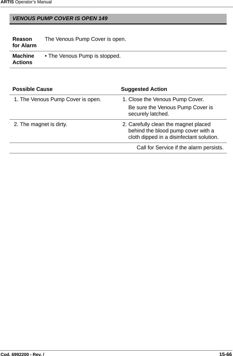 ARTIS Operator’s ManualCod. 6992200 - Rev. /                                                                                                                                                       15-66VENOUS PUMP COVER IS OPEN 149Reason for Alarm The Venous Pump Cover is open.Machine Actions • The Venous Pump is stopped.Possible Cause Suggested Action 1. The Venous Pump Cover is open.  1. Close the Venous Pump Cover. Be sure the Venous Pump Cover is securely latched. 2. The magnet is dirty.  2. Carefully clean the magnet placed behind the blood pump cover with a cloth dipped in a disinfectant solution.Call for Service if the alarm persists.