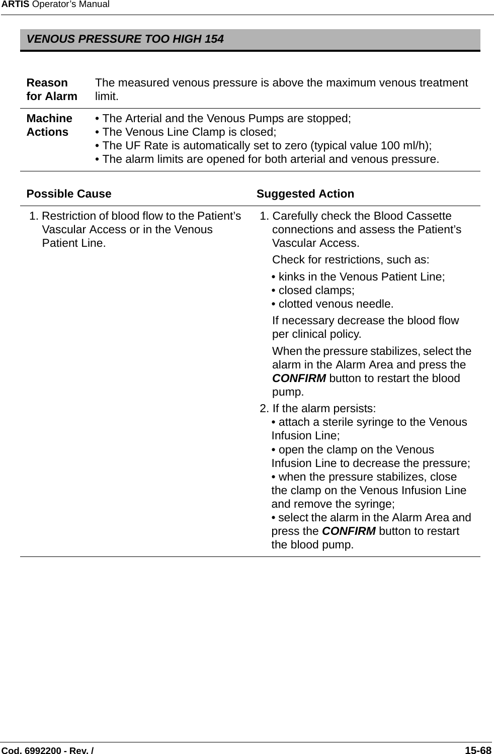 ARTIS Operator’s ManualCod. 6992200 - Rev. /                                                                                                                                                       15-68VENOUS PRESSURE TOO HIGH 154Reason for Alarm The measured venous pressure is above the maximum venous treatment limit.Machine Actions • The Arterial and the Venous Pumps are stopped;• The Venous Line Clamp is closed;• The UF Rate is automatically set to zero (typical value 100 ml/h); • The alarm limits are opened for both arterial and venous pressure.Possible Cause Suggested Action 1. Restriction of blood flow to the Patient’s Vascular Access or in the Venous Patient Line. 1. Carefully check the Blood Cassette connections and assess the Patient’s Vascular Access.Check for restrictions, such as:• kinks in the Venous Patient Line;• closed clamps;• clotted venous needle.If necessary decrease the blood flow per clinical policy.When the pressure stabilizes, select the alarm in the Alarm Area and press the CONFIRM button to restart the blood pump. 2. If the alarm persists: • attach a sterile syringe to the Venous Infusion Line;• open the clamp on the Venous Infusion Line to decrease the pressure;• when the pressure stabilizes, close the clamp on the Venous Infusion Line and remove the syringe;• select the alarm in the Alarm Area and press the CONFIRM button to restart the blood pump.