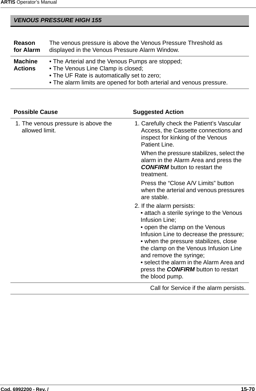 ARTIS Operator’s ManualCod. 6992200 - Rev. /                                                                                                                                                       15-70   VENOUS PRESSURE HIGH 155Reason for Alarm The venous pressure is above the Venous Pressure Threshold as displayed in the Venous Pressure Alarm Window.Machine Actions • The Arterial and the Venous Pumps are stopped;• The Venous Line Clamp is closed;• The UF Rate is automatically set to zero; • The alarm limits are opened for both arterial and venous pressure.Possible Cause Suggested Action 1. The venous pressure is above the allowed limit.  1. Carefully check the Patient’s Vascular Access, the Cassette connections and inspect for kinking of the Venous Patient Line.When the pressure stabilizes, select the alarm in the Alarm Area and press the CONFIRM button to restart the treatment.Press the “Close A/V Limits” button when the arterial and venous pressures are stable. 2. If the alarm persists: • attach a sterile syringe to the Venous Infusion Line;• open the clamp on the Venous Infusion Line to decrease the pressure;• when the pressure stabilizes, close the clamp on the Venous Infusion Line and remove the syringe;• select the alarm in the Alarm Area and press the CONFIRM button to restart the blood pump.Call for Service if the alarm persists.