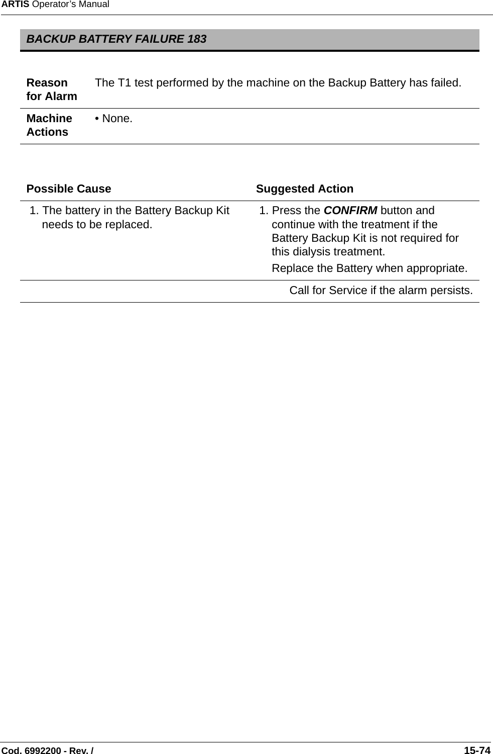 ARTIS Operator’s ManualCod. 6992200 - Rev. /                                                                                                                                                       15-74      BACKUP BATTERY FAILURE 183Reason for Alarm The T1 test performed by the machine on the Backup Battery has failed.Machine Actions • None.Possible Cause Suggested Action 1. The battery in the Battery Backup Kit needs to be replaced.  1. Press the CONFIRM button and continue with the treatment if the Battery Backup Kit is not required for this dialysis treatment.Replace the Battery when appropriate.Call for Service if the alarm persists.