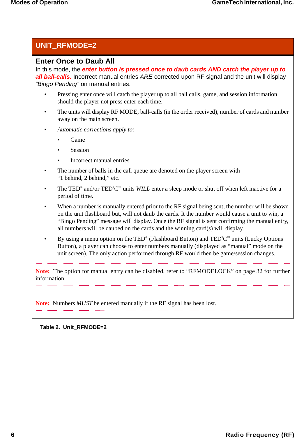 6 Radio Frequency (RF)Modes of Operation GameTech International, Inc. UNIT_RFMODE=2Enter Once to Daub AllIn this mode, the enter button is pressed once to daub cards AND catch the player up to all ball-calls. Incorrect manual entries ARE corrected upon RF signal and the unit will display &ldquo;Bingo Pending&rdquo; on manual entries.&bull; Pressing enter once will catch the player up to all ball calls, game, and session information should the player not press enter each time.&bull; The units will display RF MODE, ball-calls (in the order received), number of cards and number away on the main screen.&bull; Automatic corrections apply to:&bull;Game&bull; Session&bull; Incorrect manual entries&bull; The number of balls in the call queue are denoted on the player screen with &ldquo;1 behind, 2 behind,&rdquo; etc.&bull;The TED&reg; and/or TED2C&trade; units WILL enter a sleep mode or shut off when left inactive for a period of time.&bull; When a number is manually entered prior to the RF signal being sent, the number will be shown on the unit flashboard but, will not daub the cards. It the number would cause a unit to win, a &ldquo;Bingo Pending&rdquo; message will display. Once the RF signal is sent confirming the manual entry, all numbers will be daubed on the cards and the winning card(s) will display.&bull; By using a menu option on the TED&reg; (Flashboard Button) and TED2C&trade; units (Lucky Options Button), a player can choose to enter numbers manually (displayed as &ldquo;manual&rdquo; mode on the unit screen). The only action performed through RF would then be game/session changes.Note:  The option for manual entry can be disabled, refer to &ldquo;RFMODELOCK&rdquo; on page 32 for furtherinformation.Note:  Numbers MUST be entered manually if the RF signal has been lost.Table 2.  Unit_RFMODE=2