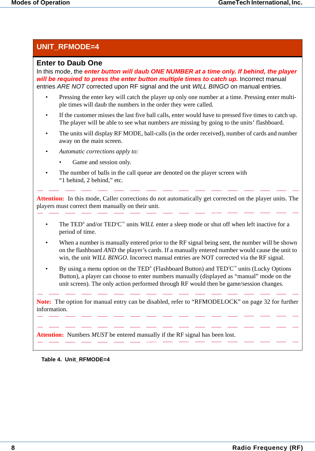 8 Radio Frequency (RF)Modes of Operation GameTech International, Inc. UNIT_RFMODE=4Enter to Daub OneIn this mode, the enter button will daub ONE NUMBER at a time only. If behind, the player will be required to press the enter button multiple times to catch up. Incorrect manual entries ARE NOT corrected upon RF signal and the unit WILL BINGO on manual entries.&bull; Pressing the enter key will catch the player up only one number at a time. Pressing enter multi-ple times will daub the numbers in the order they were called.&bull; If the customer misses the last five ball calls, enter would have to pressed five times to catch up. The player will be able to see what numbers are missing by going to the units&rsquo; flashboard.&bull; The units will display RF MODE, ball-calls (in the order received), number of cards and number away on the main screen.&bull; Automatic corrections apply to:&bull; Game and session only.&bull; The number of balls in the call queue are denoted on the player screen with &ldquo;1 behind, 2 behind,&rdquo; etc.Attention:  In this mode, Caller corrections do not automatically get corrected on the player units. Theplayers must correct them manually on their unit.&bull;The TED&reg; and/or TED2C&trade; units WILL enter a sleep mode or shut off when left inactive for a period of time.&bull; When a number is manually entered prior to the RF signal being sent, the number will be shown on the flashboard AND the player&rsquo;s cards. If a manually entered number would cause the unit to win, the unit WILL BINGO. Incorrect manual entries are NOT corrected via the RF signal.&bull; By using a menu option on the TED&reg; (Flashboard Button) and TED2C&trade; units (Lucky Options Button), a player can choose to enter numbers manually (displayed as &ldquo;manual&rdquo; mode on the unit screen). The only action performed through RF would then be game/session changes.Note:  The option for manual entry can be disabled, refer to &ldquo;RFMODELOCK&rdquo; on page 32 for furtherinformation.Attention:  Numbers MUST be entered manually if the RF signal has been lost.Table 4.  Unit_RFMODE=4