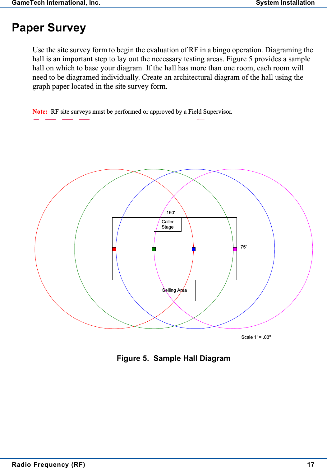 Radio Frequency (RF) 17GameTech International, Inc. System InstallationPaper SurveyUse the site survey form to begin the evaluation of RF in a bingo operation. Diagraming thehall is an important step to lay out the necessary testing areas. Figure 5 provides a samplehall on which to base your diagram. If the hall has more than one room, each room willneed to be diagramed individually. Create an architectural diagram of the hall using thegraph paper located in the site survey form.Note: RF site surveys must be performed or approved by a Field Supervisor.Figure 5. Sample Hall DiagramSelling AreaCallerStageFigure 175'150'Scale 1' = .03"Bingo Hall atColusa Casino