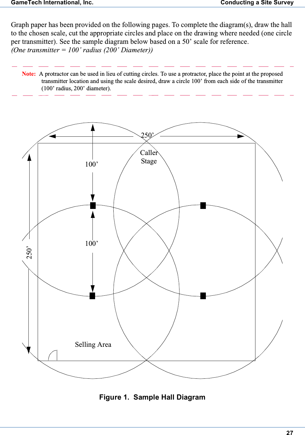 27GameTech International, Inc. Conducting a Site SurveyGraph paper has been provided on the following pages. To complete the diagram(s), draw the hallto the chosen scale, cut the appropriate circles and place on the drawing where needed (one circleper transmitter). See the sample diagram below based on a 50&rsquo; scale for reference.(One transmitter = 100&rsquo; radius (200&rsquo; Diameter))Note: A protractor can be used in lieu of cutting circles. To use a protractor, place the point at the proposedtransmitter location and using the scale desired, draw a circle 100&rsquo; from each side of the transmitter(100&rsquo; radius, 200&rsquo; diameter).Figure 1. Sample Hall Diagram250&rsquo;250&rsquo;CallerStageSelling Area100&rsquo;100&rsquo;