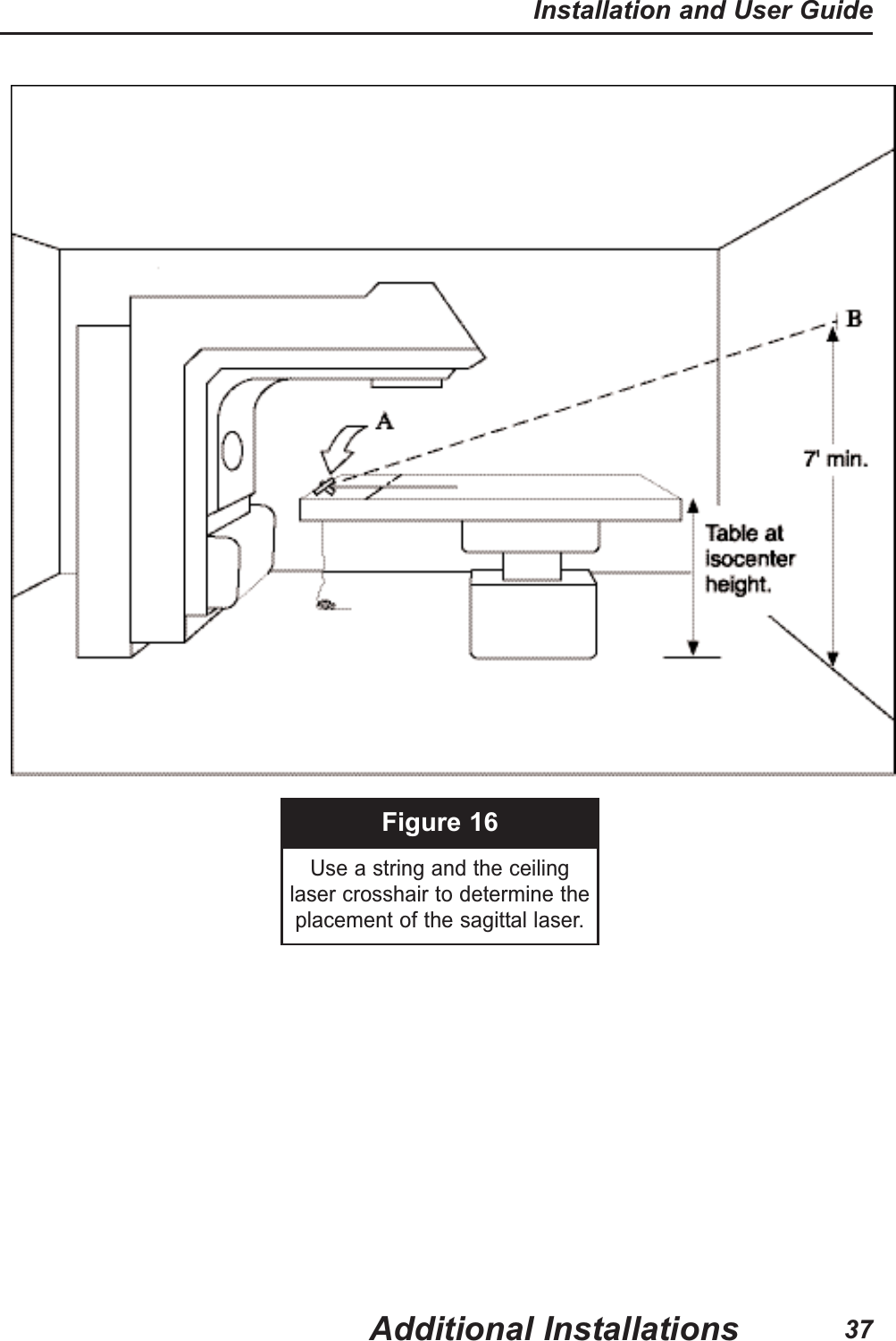 Figure 16Use a string and the ceiling laser crosshair to determine theplacement of the sagittal laser.Additional InstallationsInstallation and User Guide37