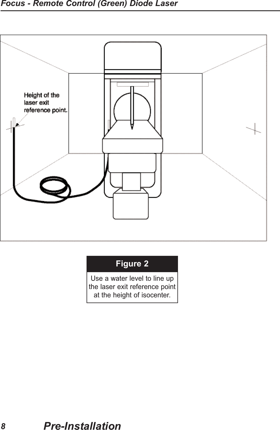 Figure 2Use a water level to line upthe laser exit reference pointat the height of isocenter.Pre-InstallationFocus - Remote Control (Green) Diode Laser8