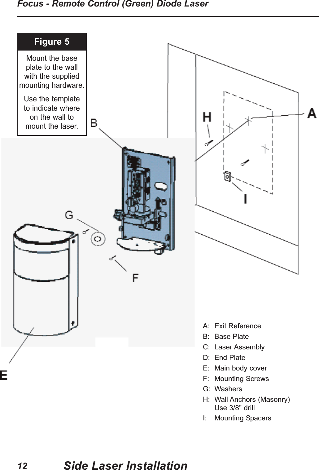 Figure 5Mount the base plate to the wall with the suppliedmounting hardware.Use the template to indicate where on the wall to mount the laser.A: Exit ReferenceB: Base PlateC: Laser AssemblyD: End PlateE: Main body coverF: Mounting ScrewsG: WashersH: Wall Anchors (Masonry)Use 3/8" drillI: Mounting SpacersSide Laser InstallationFocus - Remote Control (Green) Diode Laser12