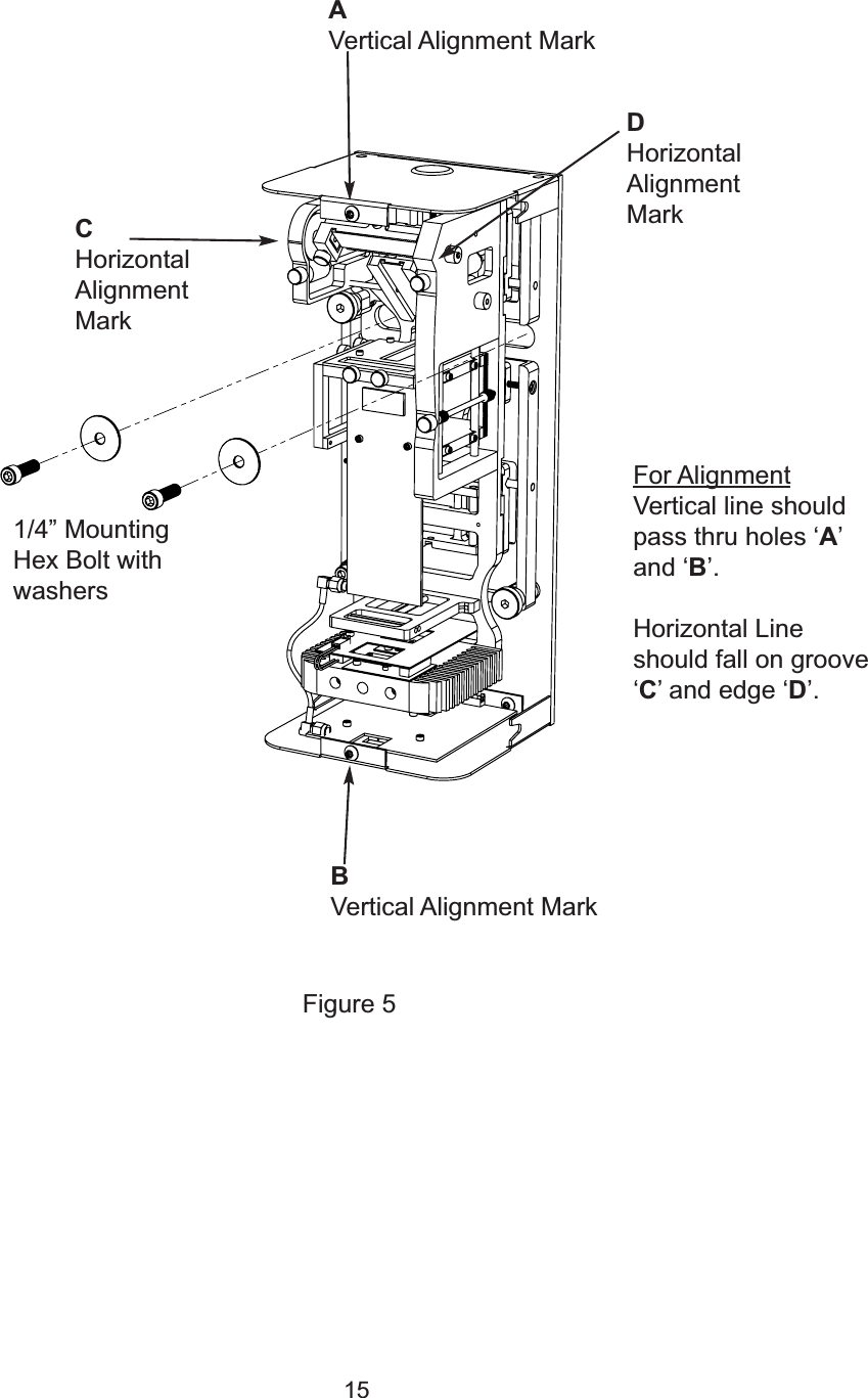 15Figure 5For AlignmentVertical line shouldpass thru holes &lsquo;A&rsquo;and &lsquo;B&rsquo;.Horizontal Lineshould fall on groove&lsquo;C&rsquo; and edge &lsquo;D&rsquo;. AVertical Alignment MarkBVertical Alignment MarkCHorizontal Alignment MarkDHorizontal Alignment Mark1/4&rdquo; MountingHex Bolt withwashers