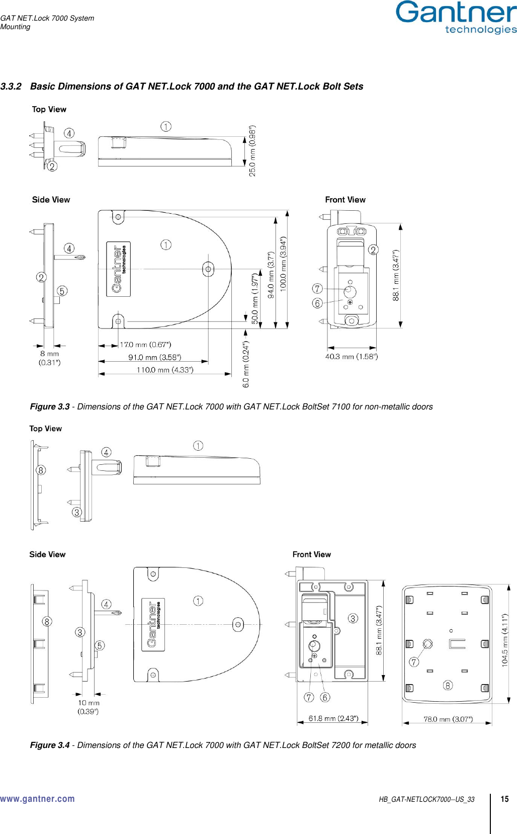 GAT NET.Lock 7000 System Mounting  www.gantner.com  HB_GAT-NETLOCK7000--US_33 15 3.3.2  Basic Dimensions of GAT NET.Lock 7000 and the GAT NET.Lock Bolt Sets    Figure 3.3 - Dimensions of the GAT NET.Lock 7000 with GAT NET.Lock BoltSet 7100 for non-metallic doors    Figure 3.4 - Dimensions of the GAT NET.Lock 7000 with GAT NET.Lock BoltSet 7200 for metallic doors 