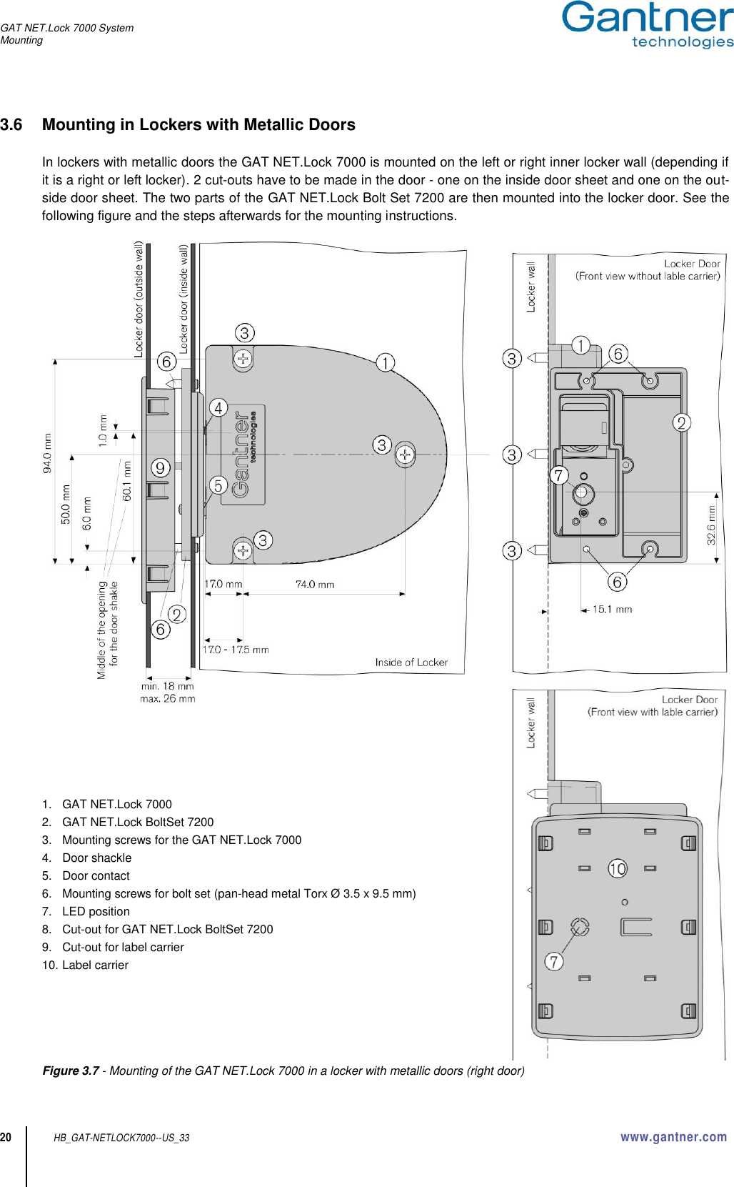 GAT NET.Lock 7000 System Mounting  20 HB_GAT-NETLOCK7000--US_33 www.gantner.com 3.6  Mounting in Lockers with Metallic Doors  In lockers with metallic doors the GAT NET.Lock 7000 is mounted on the left or right inner locker wall (depending if it is a right or left locker). 2 cut-outs have to be made in the door - one on the inside door sheet and one on the out-side door sheet. The two parts of the GAT NET.Lock Bolt Set 7200 are then mounted into the locker door. See the following figure and the steps afterwards for the mounting instructions.        1.  GAT NET.Lock 7000 2.  GAT NET.Lock BoltSet 7200 3.  Mounting screws for the GAT NET.Lock 7000 4.  Door shackle 5.  Door contact 6.  Mounting screws for bolt set (pan-head metal Torx Ø 3.5 x 9.5 mm) 7.  LED position 8.  Cut-out for GAT NET.Lock BoltSet 7200 9.  Cut-out for label carrier 10. Label carrier      Figure 3.7 - Mounting of the GAT NET.Lock 7000 in a locker with metallic doors (right door) 