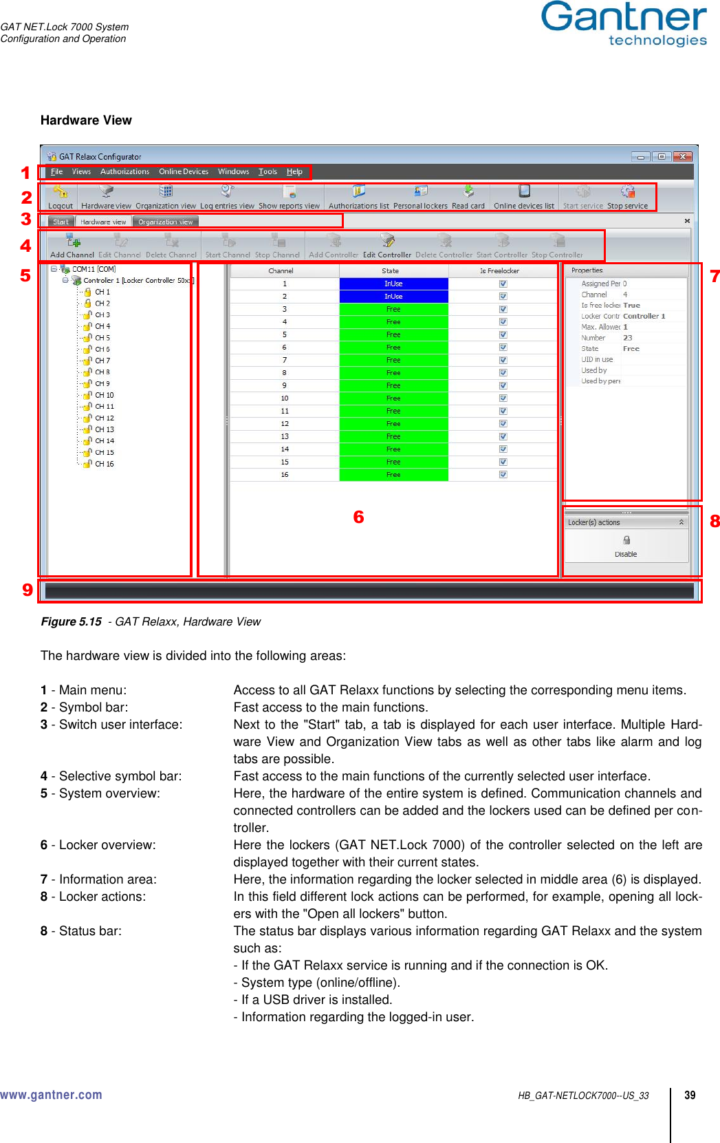 GAT NET.Lock 7000 System Configuration and Operation www.gantner.com  HB_GAT-NETLOCK7000--US_33 39 Hardware View    Figure 5.15  - GAT Relaxx, Hardware View  The hardware view is divided into the following areas:  1 - Main menu:  Access to all GAT Relaxx functions by selecting the corresponding menu items. 2 - Symbol bar:  Fast access to the main functions. 3 - Switch user interface:  Next to the &quot;Start&quot; tab, a tab is displayed for each user interface. Multiple Hard-ware View and Organization View tabs as well as other tabs like alarm and log tabs are possible. 4 - Selective symbol bar:  Fast access to the main functions of the currently selected user interface. 5 - System overview:  Here, the hardware of the entire system is defined. Communication channels and connected controllers can be added and the lockers used can be defined per con-troller. 6 - Locker overview:  Here the lockers (GAT NET.Lock 7000) of the controller selected on the left are displayed together with their current states. 7 - Information area:  Here, the information regarding the locker selected in middle area (6) is displayed. 8 - Locker actions:  In this field different lock actions can be performed, for example, opening all lock-ers with the &quot;Open all lockers&quot; button. 8 - Status bar:  The status bar displays various information regarding GAT Relaxx and the system such as:      - If the GAT Relaxx service is running and if the connection is OK.     - System type (online/offline).     - If a USB driver is installed.     - Information regarding the logged-in user. 1 2 9 4 3 5 6 7 8 