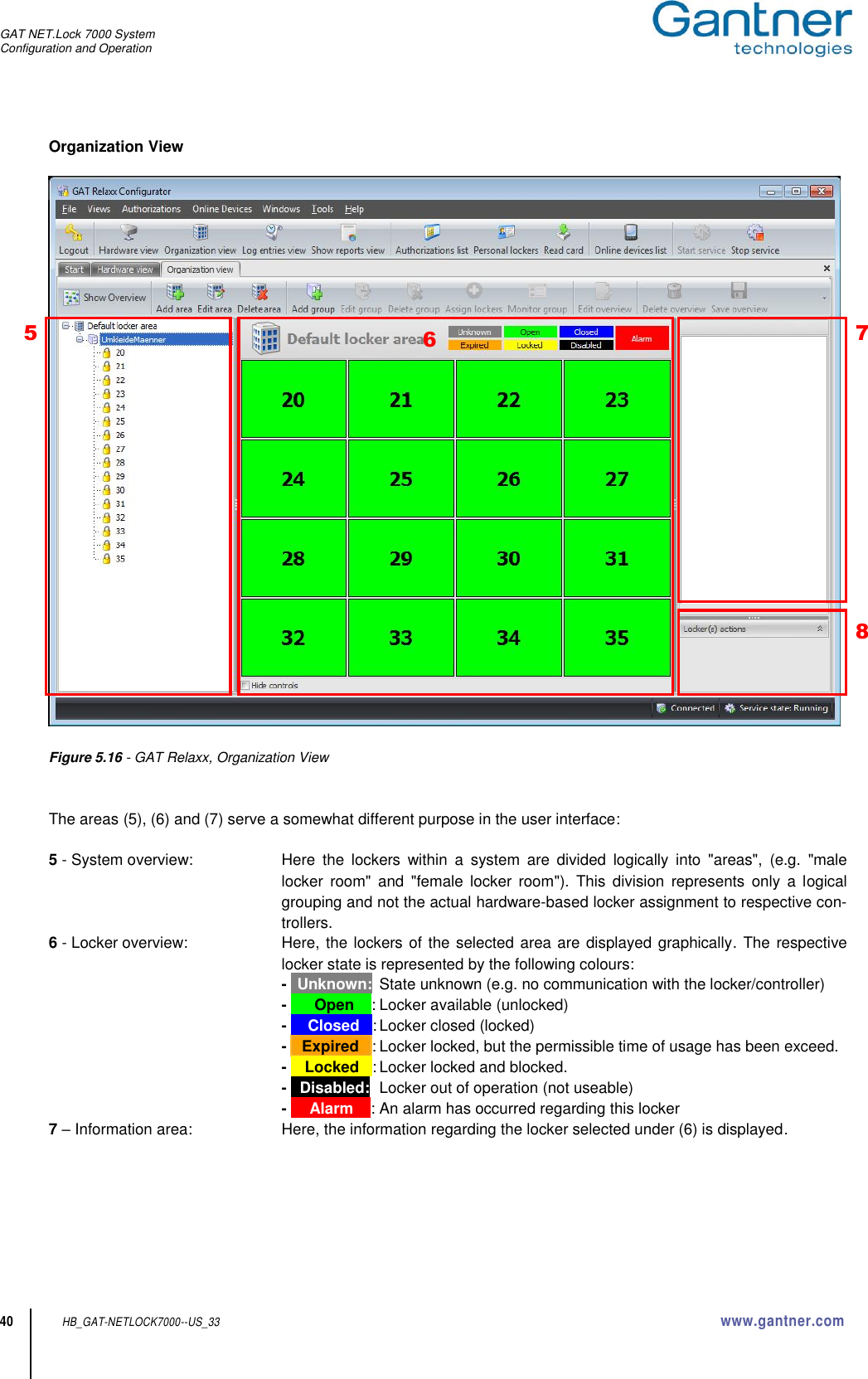 GAT NET.Lock 7000 System Configuration and Operation  40 HB_GAT-NETLOCK7000--US_33 www.gantner.com Organization View    Figure 5.16 - GAT Relaxx, Organization View   The areas (5), (6) and (7) serve a somewhat different purpose in the user interface:  5 - System overview:  Here  the  lockers  within  a  system  are  divided  logically  into  &quot;areas&quot;,  (e.g.  &quot;male locker  room&quot;  and  &quot;female  locker  room&quot;).  This  division  represents  only  a  logical grouping and not the actual hardware-based locker assignment to respective con-trollers. 6 - Locker overview:  Here, the lockers of the selected area are displayed graphically. The respective locker state is represented by the following colours:   -   Unknown:  State unknown (e.g. no communication with the locker/controller)   -      Open    : Locker available (unlocked)   -    Closed   : Locker closed (locked)   -    Expired   : Locker locked, but the permissible time of usage has been exceed.   -    Locked   : Locker locked and blocked.   -   Disabled:  Locker out of operation (not useable)   -     Alarm    : An alarm has occurred regarding this locker 7 – Information area:  Here, the information regarding the locker selected under (6) is displayed.      5 6 7 8 