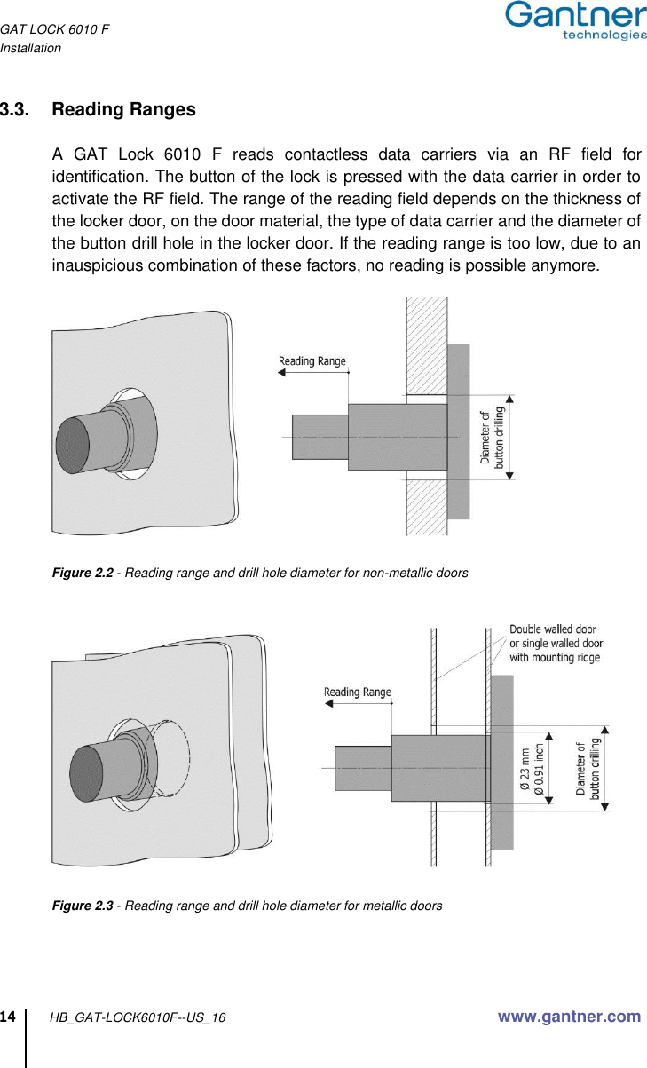 GAT LOCK 6010 F Installation  14 HB_GAT-LOCK6010F--US_16 www.gantner.com  3.3.  Reading Ranges  A  GAT  Lock  6010  F  reads  contactless  data  carriers  via  an  RF  field  for identification. The button of the lock is pressed with the data carrier in order to activate the RF field. The range of the reading field depends on the thickness of the locker door, on the door material, the type of data carrier and the diameter of the button drill hole in the locker door. If the reading range is too low, due to an inauspicious combination of these factors, no reading is possible anymore.       Figure 2.2 - Reading range and drill hole diameter for non-metallic doors         Figure 2.3 - Reading range and drill hole diameter for metallic doors   