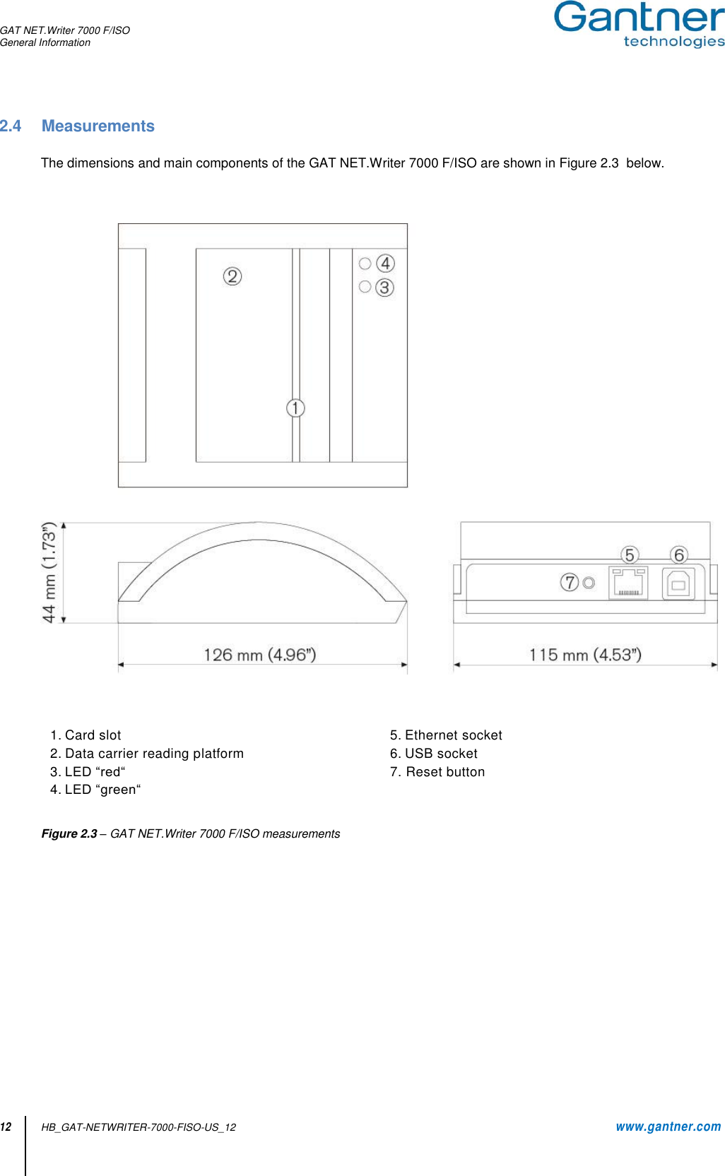 GAT NET.Writer 7000 F/ISO General Information   12 HB_GAT-NETWRITER-7000-FISO-US_12    www.gantner.com 2.4  Measurements  The dimensions and main components of the GAT NET.Writer 7000 F/ISO are shown in Figure 2.3  below.        1. Card slot 5. Ethernet socket 2. Data carrier reading platform 6. USB socket 3. LED “red“ 7. Reset button 4. LED “green“    Figure 2.3 – GAT NET.Writer 7000 F/ISO measurements           