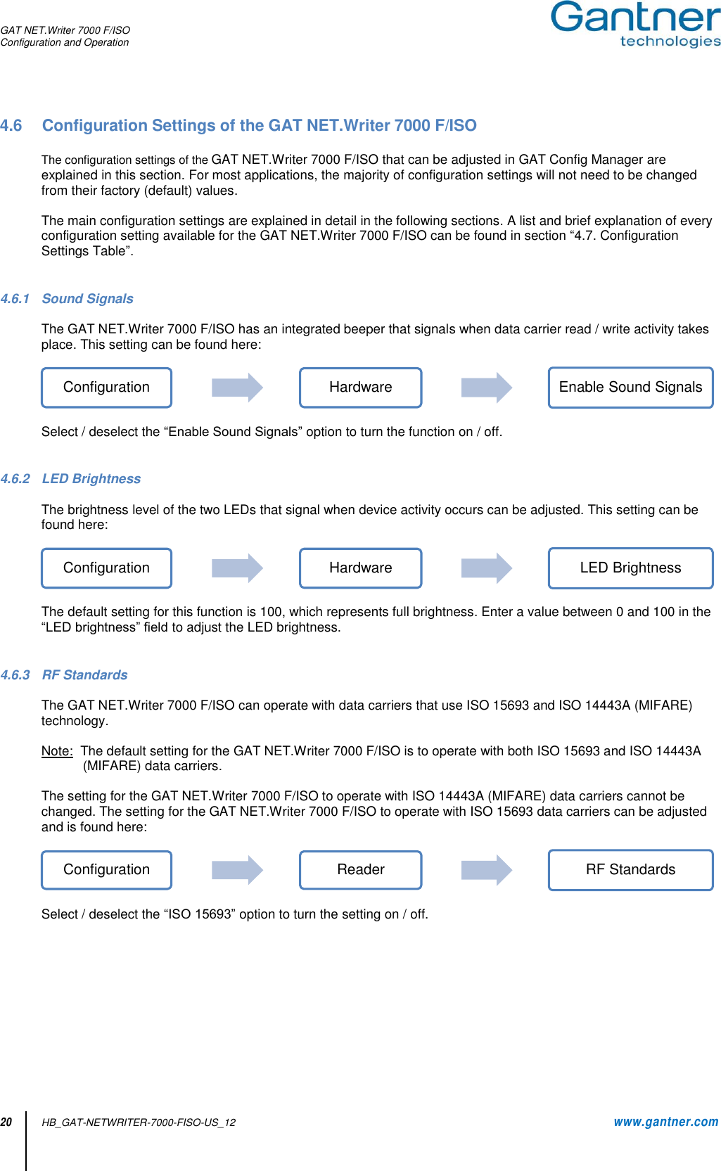 GAT NET.Writer 7000 F/ISO Configuration and Operation  20 HB_GAT-NETWRITER-7000-FISO-US_12    www.gantner.com 4.6  Configuration Settings of the GAT NET.Writer 7000 F/ISO  The configuration settings of the GAT NET.Writer 7000 F/ISO that can be adjusted in GAT Config Manager are explained in this section. For most applications, the majority of configuration settings will not need to be changed from their factory (default) values.   The main configuration settings are explained in detail in the following sections. A list and brief explanation of every configuration setting available for the GAT NET.Writer 7000 F/ISO can be found in section “4.7. Configuration Settings Table”.   4.6.1  Sound Signals  The GAT NET.Writer 7000 F/ISO has an integrated beeper that signals when data carrier read / write activity takes place. This setting can be found here:   Select / deselect the “Enable Sound Signals” option to turn the function on / off.    4.6.2  LED Brightness  The brightness level of the two LEDs that signal when device activity occurs can be adjusted. This setting can be found here:  The default setting for this function is 100, which represents full brightness. Enter a value between 0 and 100 in the “LED brightness” field to adjust the LED brightness.     4.6.3  RF Standards  The GAT NET.Writer 7000 F/ISO can operate with data carriers that use ISO 15693 and ISO 14443A (MIFARE) technology.   Note:  The default setting for the GAT NET.Writer 7000 F/ISO is to operate with both ISO 15693 and ISO 14443A (MIFARE) data carriers.   The setting for the GAT NET.Writer 7000 F/ISO to operate with ISO 14443A (MIFARE) data carriers cannot be changed. The setting for the GAT NET.Writer 7000 F/ISO to operate with ISO 15693 data carriers can be adjusted and is found here: Select / deselect the “ISO 15693” option to turn the setting on / off.          Configuration Hardware Enable Sound SignalsConfiguration Hardware LED BrightnessConfiguration Reader RF Standards