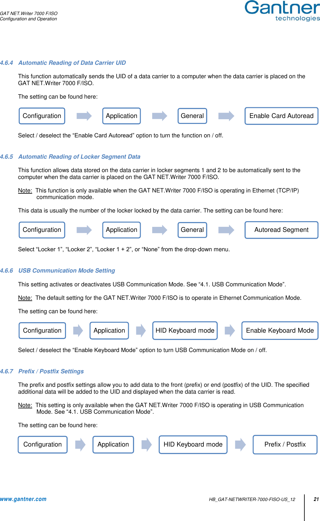 GAT NET.Writer 7000 F/ISO Configuration and Operation  www.gantner.com   HB_GAT-NETWRITER-7000-FISO-US_12 21  4.6.4  Automatic Reading of Data Carrier UID  This function automatically sends the UID of a data carrier to a computer when the data carrier is placed on the GAT NET.Writer 7000 F/ISO.  The setting can be found here: Select / deselect the “Enable Card Autoread” option to turn the function on / off.    4.6.5  Automatic Reading of Locker Segment Data  This function allows data stored on the data carrier in locker segments 1 and 2 to be automatically sent to the computer when the data carrier is placed on the GAT NET.Writer 7000 F/ISO.  Note:  This function is only available when the GAT NET.Writer 7000 F/ISO is operating in Ethernet (TCP/IP) communication mode.   This data is usually the number of the locker locked by the data carrier. The setting can be found here:  Select “Locker 1”, “Locker 2”, “Locker 1 + 2”, or “None” from the drop-down menu.   4.6.6  USB Communication Mode Setting  This setting activates or deactivates USB Communication Mode. See “4.1. USB Communication Mode”.  Note:  The default setting for the GAT NET.Writer 7000 F/ISO is to operate in Ethernet Communication Mode.  The setting can be found here: Select / deselect the “Enable Keyboard Mode” option to turn USB Communication Mode on / off.    4.6.7  Prefix / Postfix Settings  The prefix and postfix settings allow you to add data to the front (prefix) or end (postfix) of the UID. The specified additional data will be added to the UID and displayed when the data carrier is read.  Note:  This setting is only available when the GAT NET.Writer 7000 F/ISO is operating in USB Communication Mode. See “4.1. USB Communication Mode”.  The setting can be found here:    Configuration Application General Enable Card AutoreadConfiguration Application General Autoread SegmentConfiguration Application HID Keyboard mode Enable Keyboard ModeConfiguration Application HID Keyboard mode Prefix / Postfix