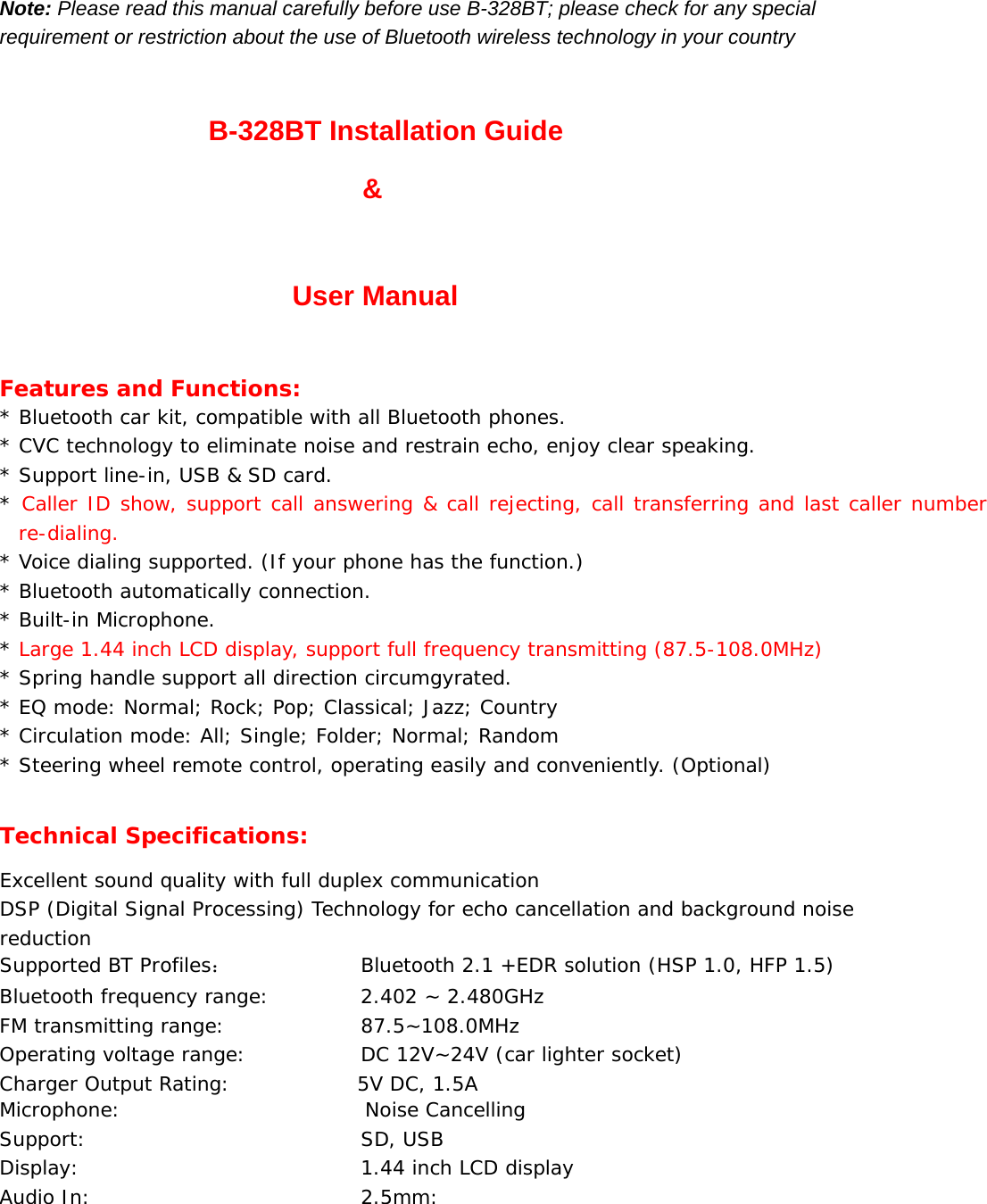 GaoYi Tech B-328BT Bluetooth Car Kit User Manual B 328BT English User ...